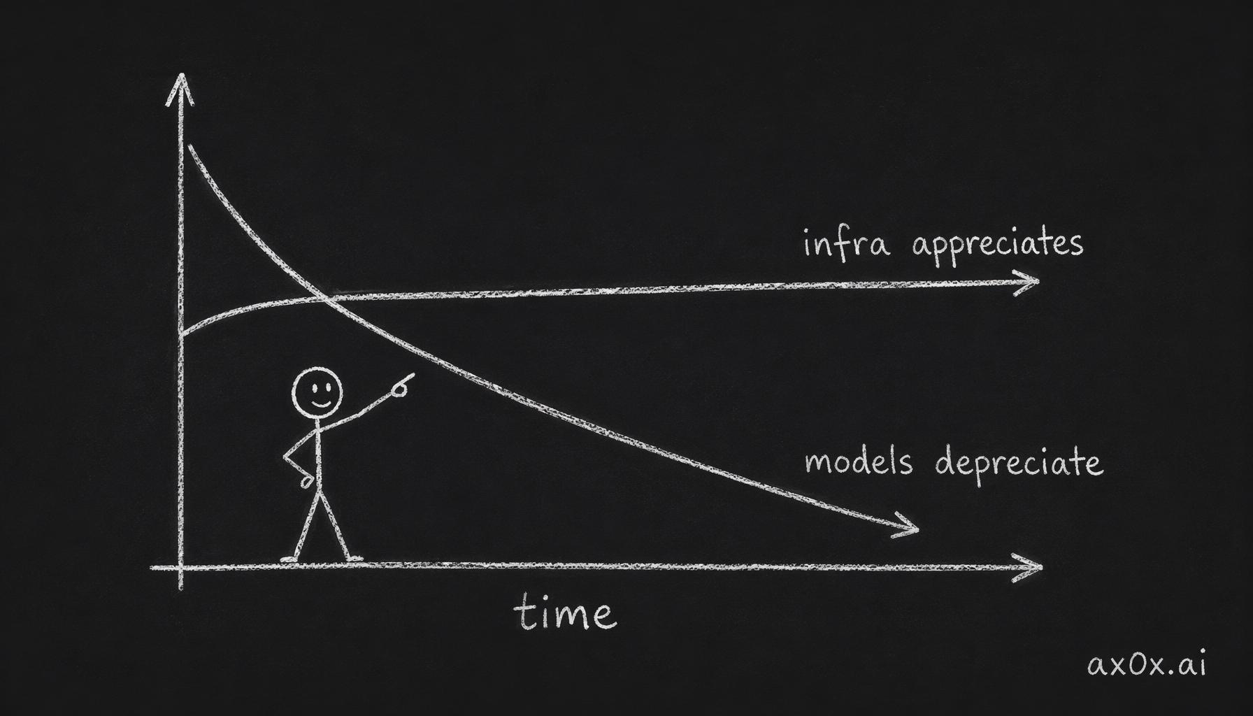 Two opposite value curves on one timeline: model value depreciates steeply over time while compute infrastructure holds and appreciates — one line falling, one rising