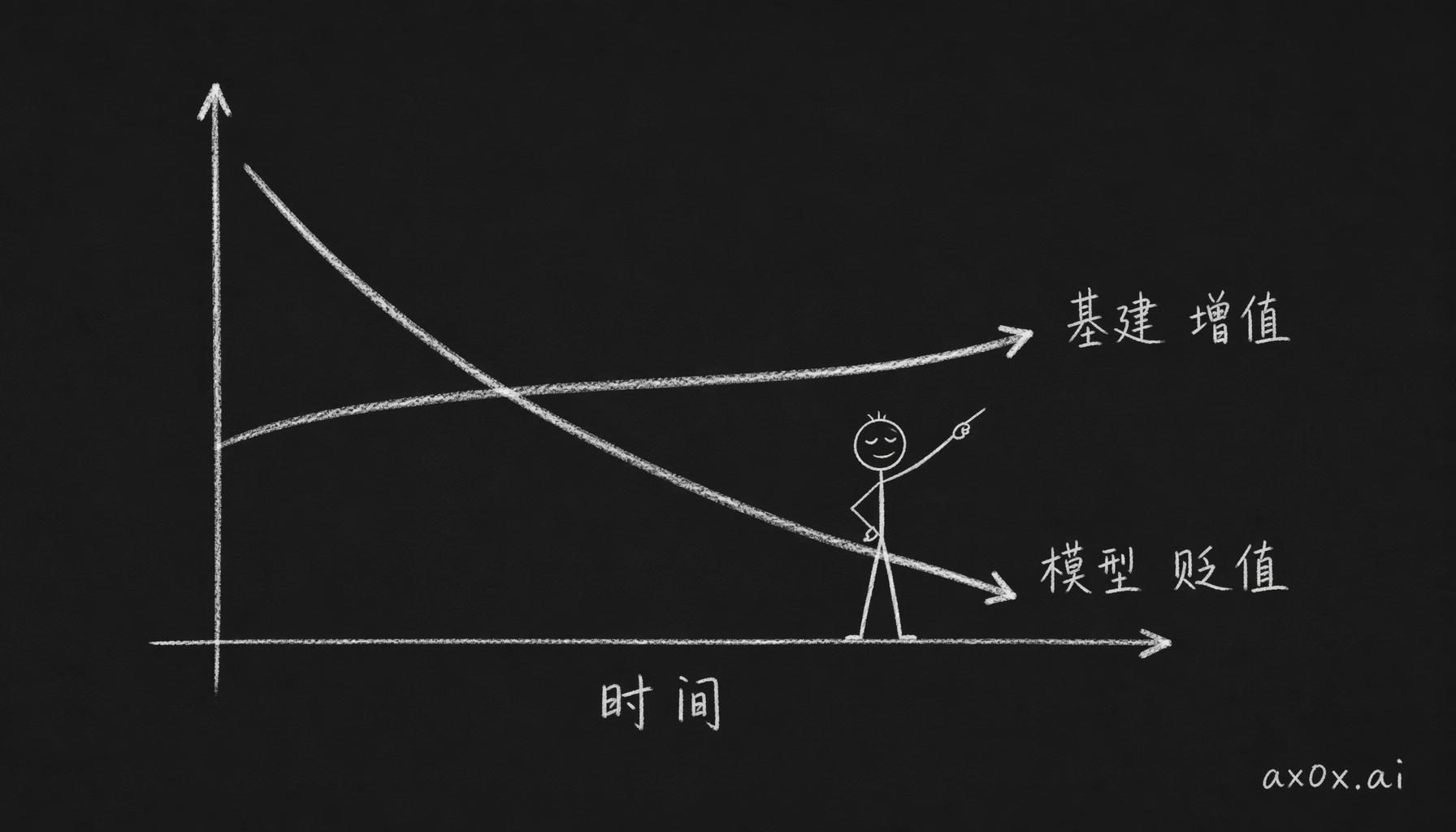 两条相反的价值曲线：模型价值随时间陡峭贬值，算力基建随时间保值增值——同一时间轴上一条向下一条向上