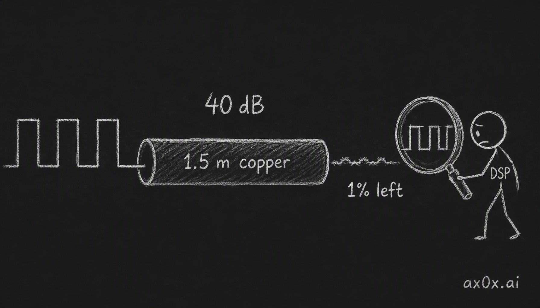 At 224G a signal crossing roughly 1.5 m of copper can lose 40 dB — one percent of its amplitude survives — and the receiver's DSP has to dig the rest back out with equalization