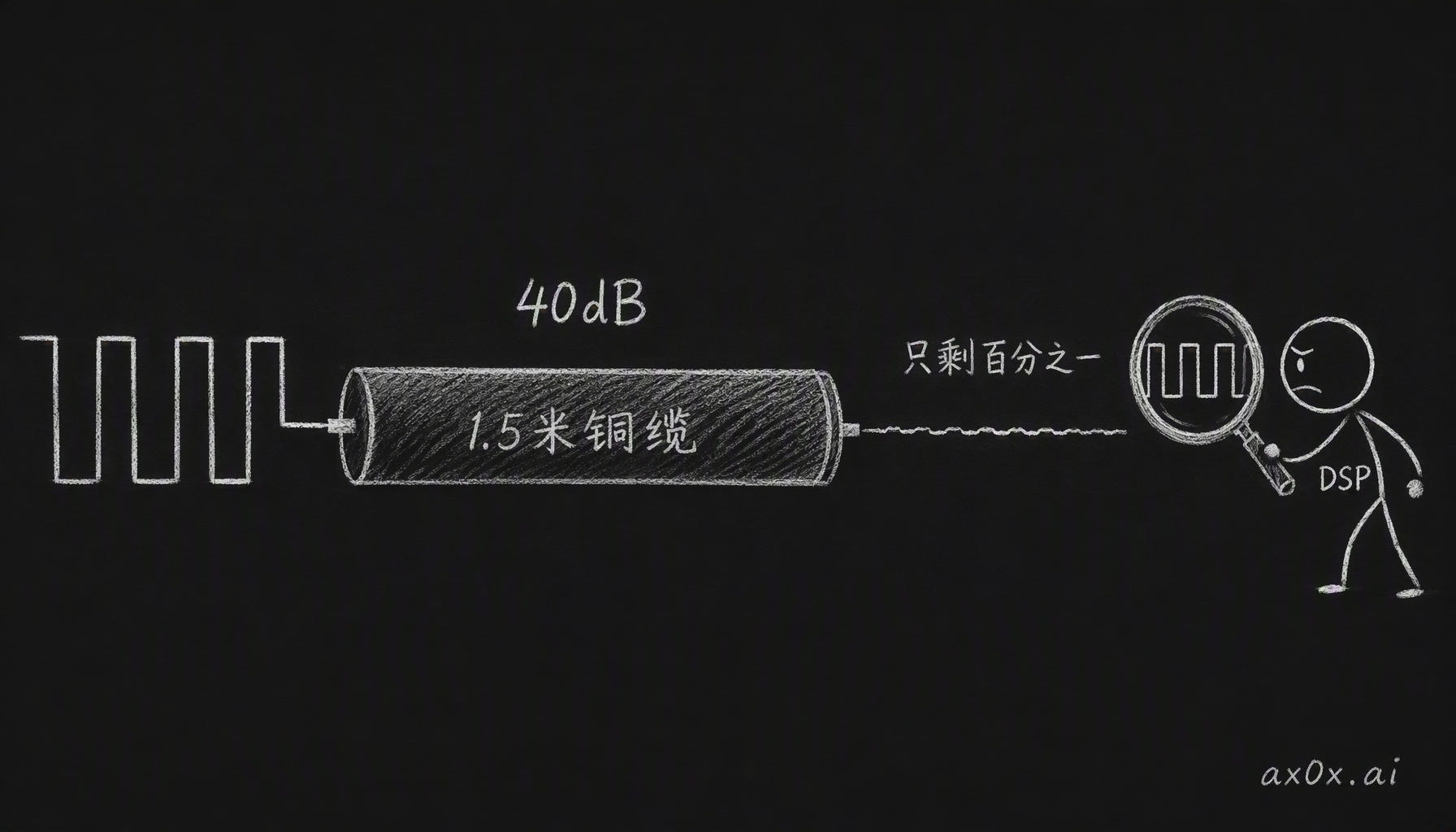 224G 一代的信号走过 1.5 米左右的铜链路损耗可达 40 dB 量级，幅度只剩百分之一，剩下的全靠接收端的 DSP 用均衡算法把信号找回来