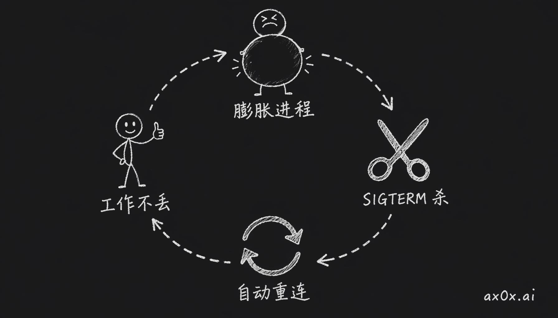 cron 用 SIGTERM 杀掉膨胀的 Cursor node 进程，客户端秒级自动重连、工作不丢，等于替 V8 做了一次它自己懒得做的 gc