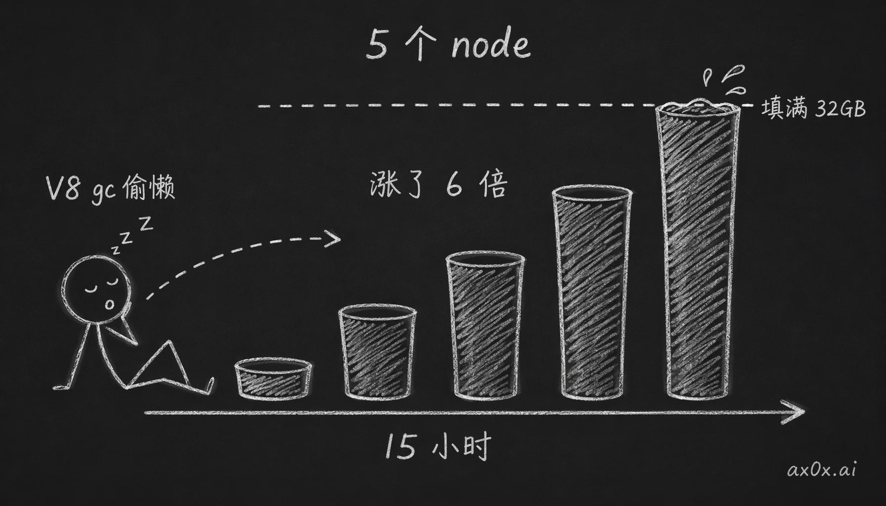 五个 node 进程因 V8 懒惰 gc 而单调膨胀，15 小时从约 400MB 涨到 2.7GB，把 32GB 内存填满