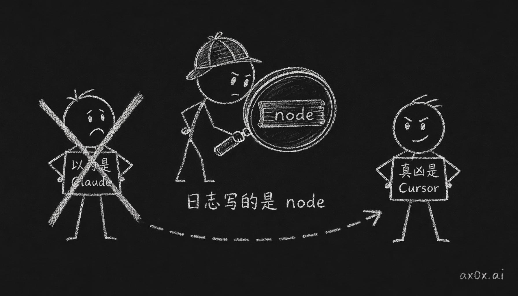 第一反应怪罪 claude code，但看门狗日志记的进程名是 node 而非 claude，据此把真凶锁定为 Cursor