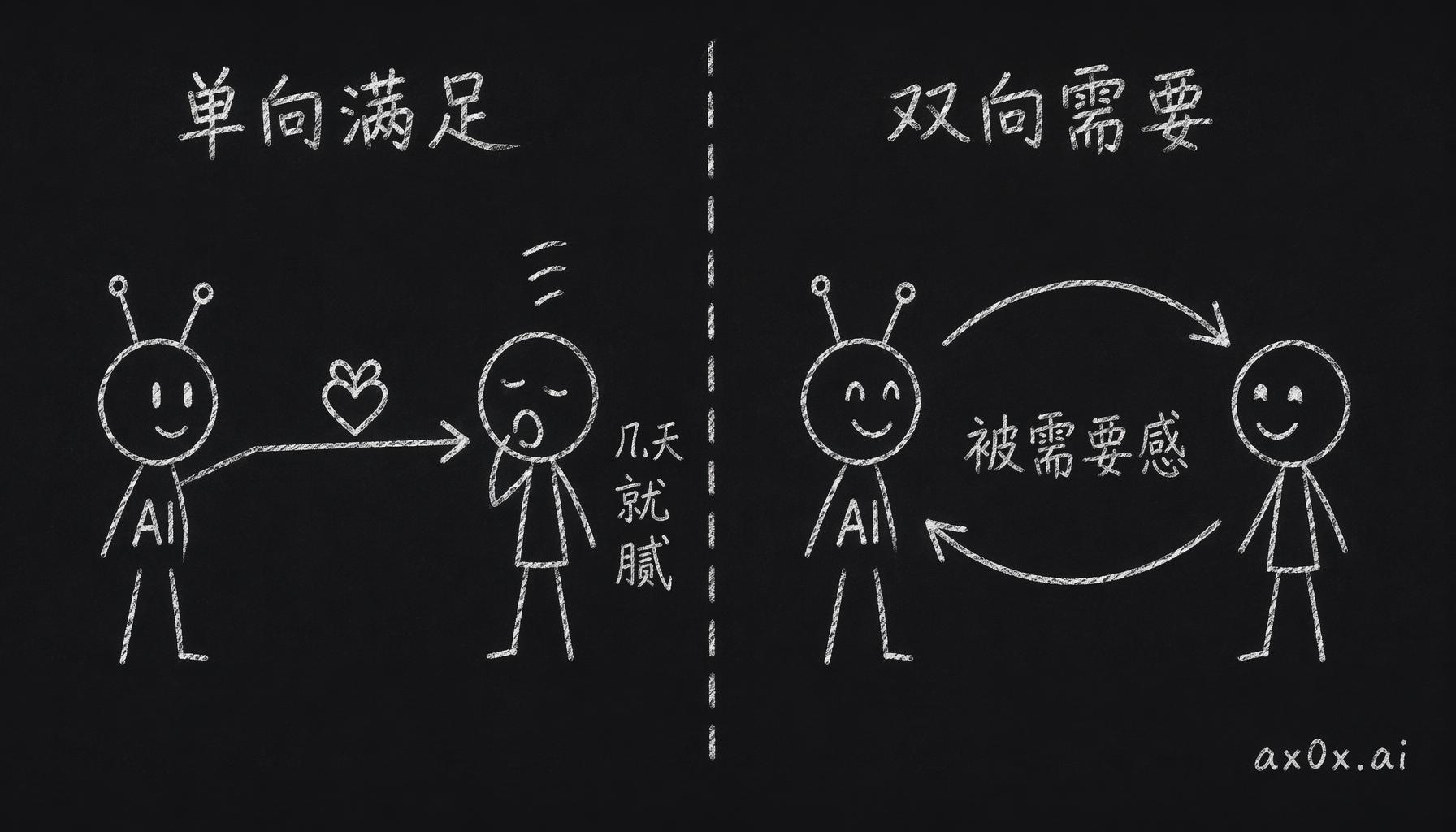 被满足感和被需要感的对比：单向满足只有 AI 流向用户一条箭头，用户会腻会空虚；双向需要是 AI 和用户互相流动，关系才立得住