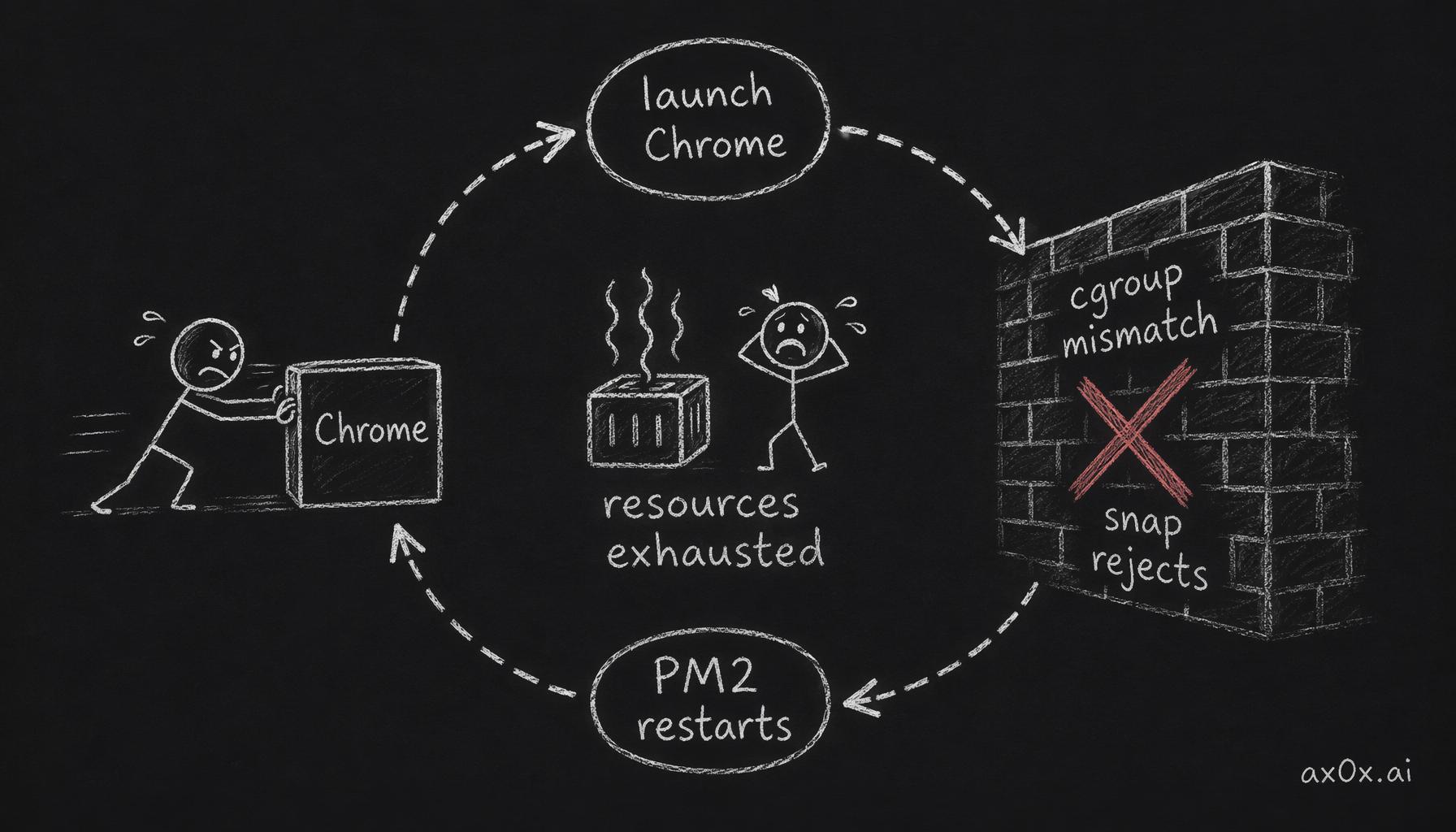 The snap Chrome + PM2 infinite crash loop: cgroup mismatch gets rejected, PM2 restarts instantly, rejected again, hundreds of times a second until resources are exhausted