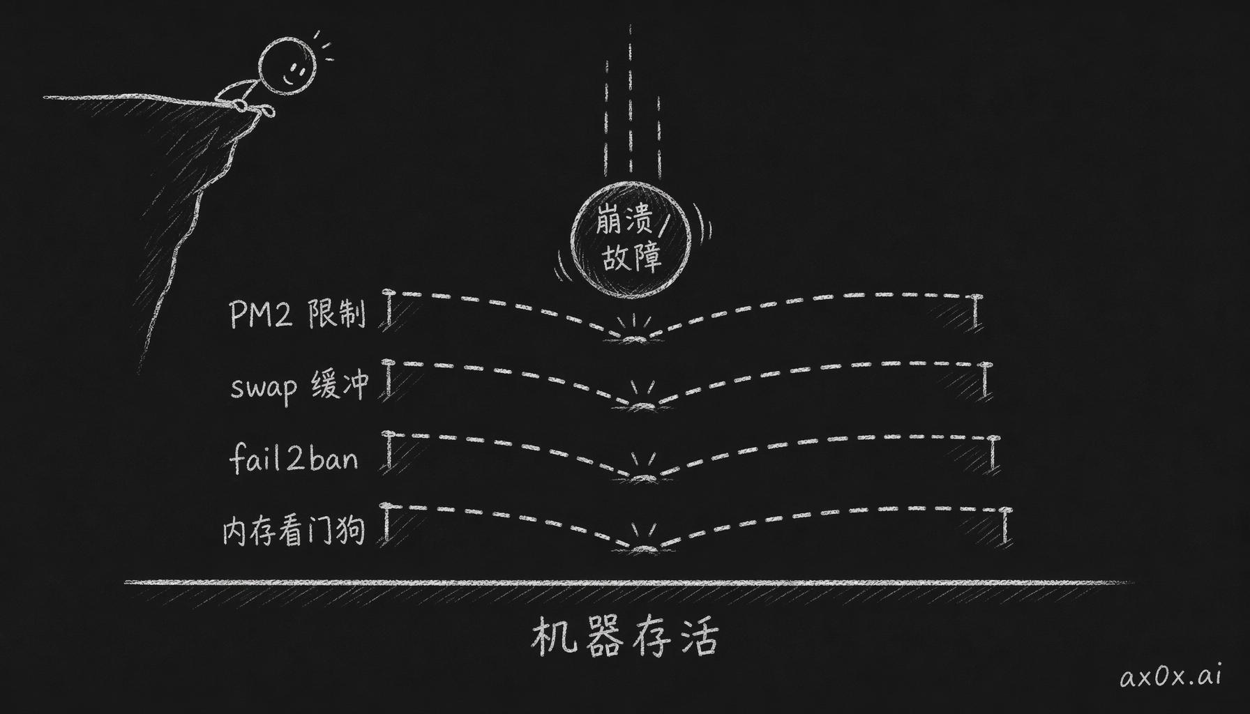 纵深防御：故障像坠落的小球，一层防线漏了还有下一层接住，多层叠起来任何单点失效都兜得住