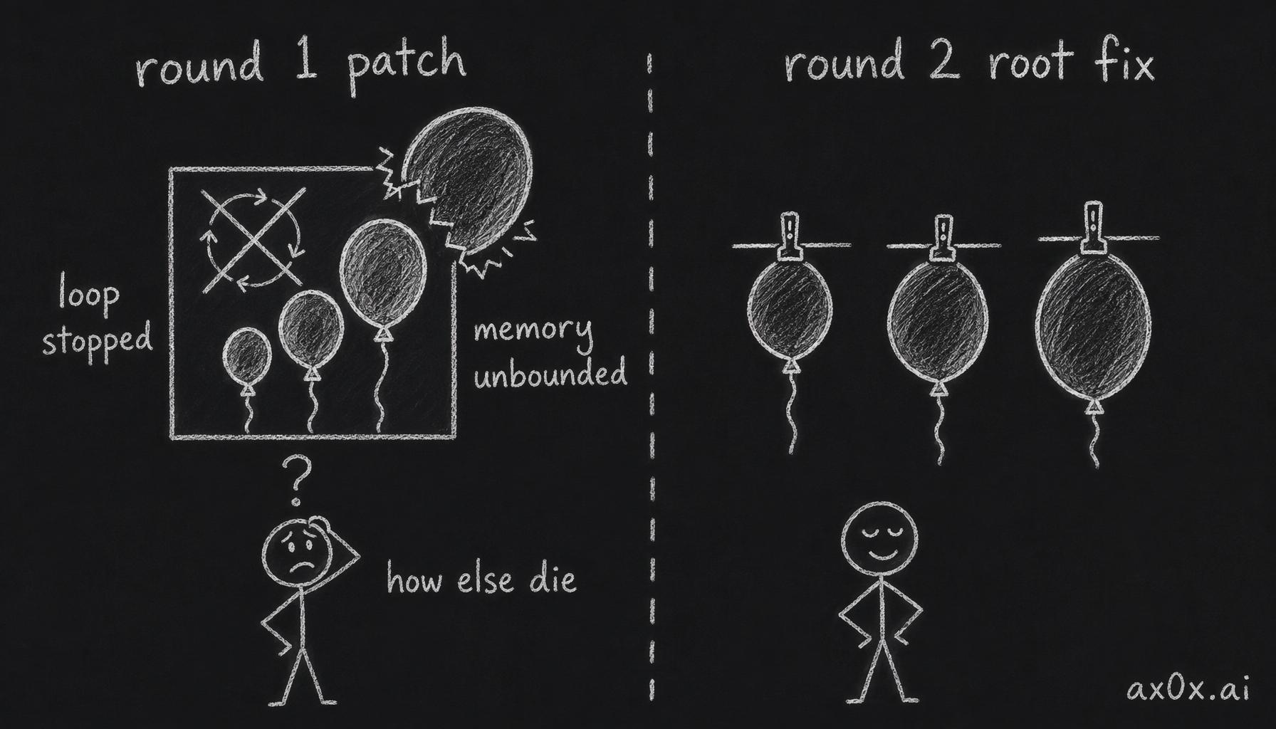 Fixing the surface isn't fixing the root: round one stopped the crash loop but every process could still eat unlimited memory — keep asking 'how else can it die' until there's no answer left