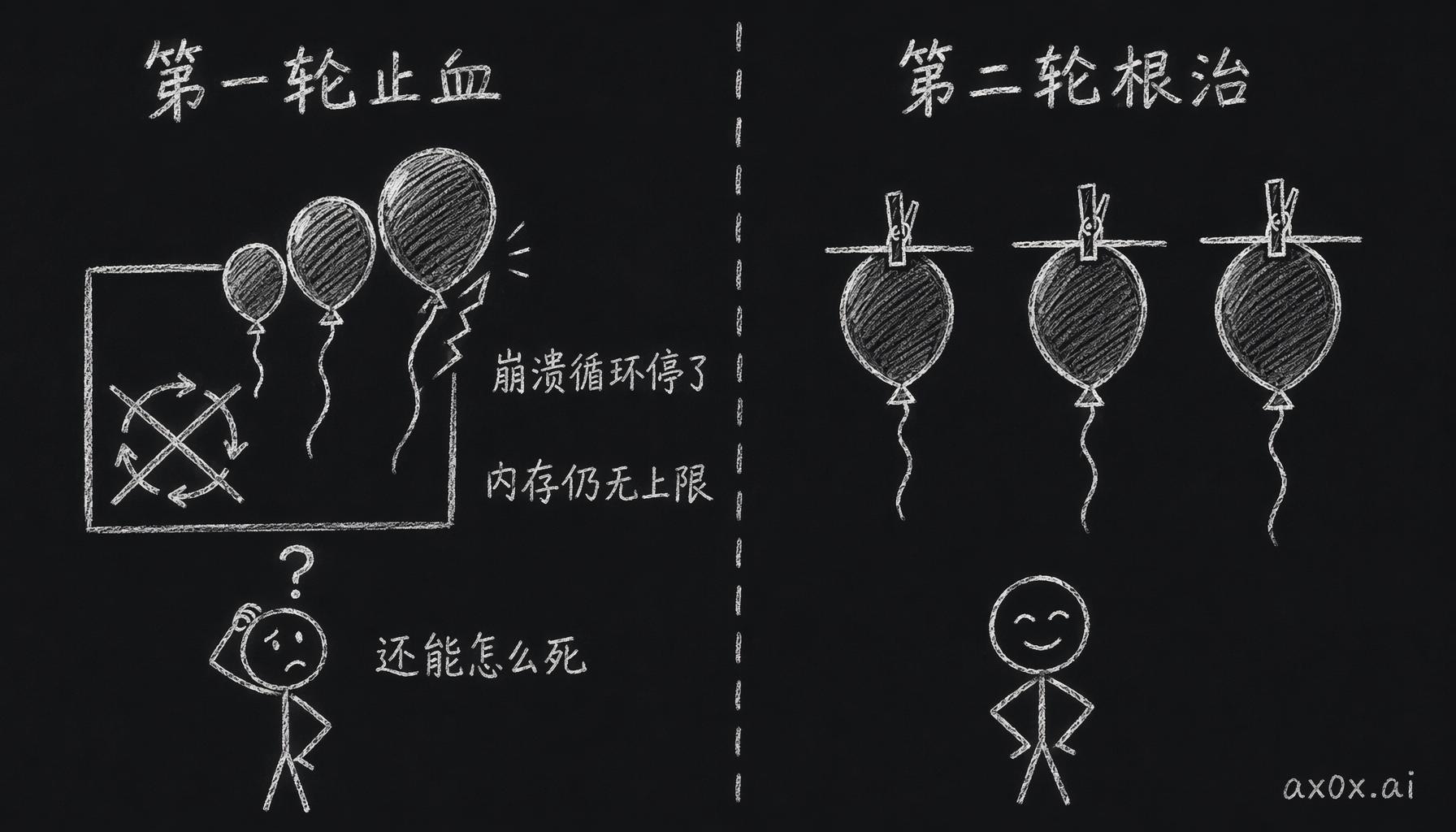 修完表面≠修完根因：第一轮止住崩溃循环，但每个进程仍能无限吃内存，得一直问『还能怎么死』直到问不出来才算修完