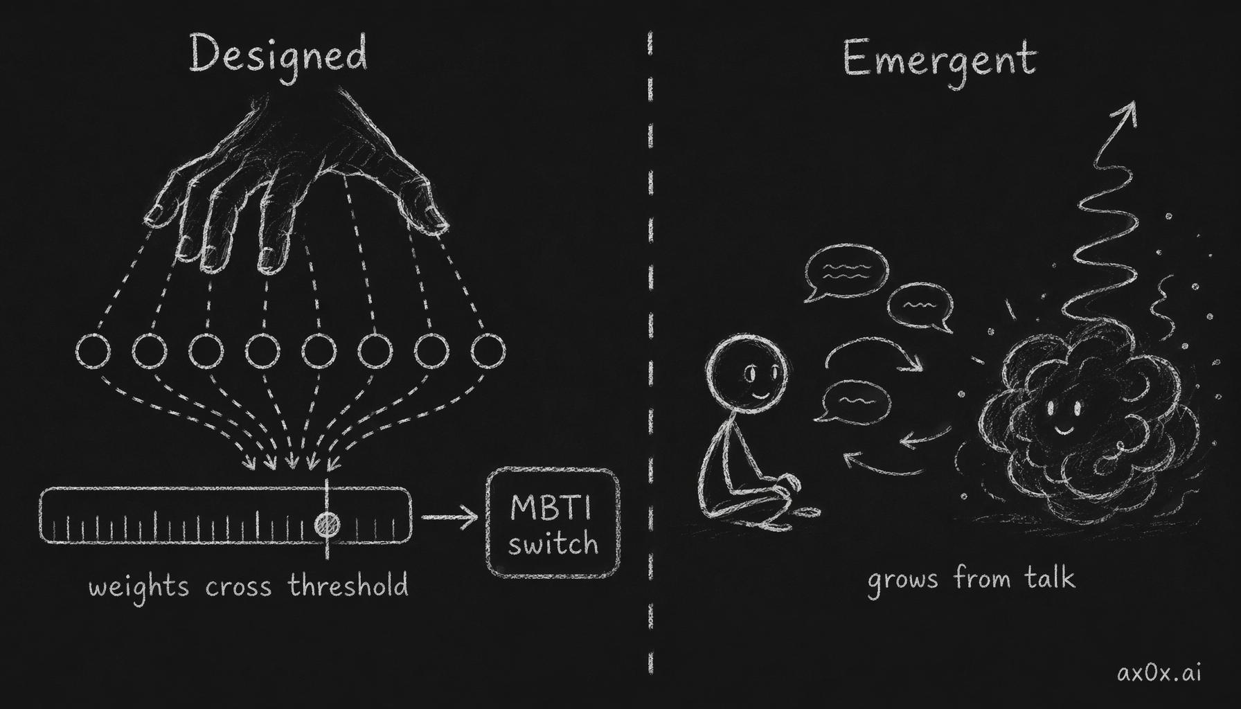 Two ways to build personality: the designed path shifts MBTI when 8 agent weights cross a threshold; the emergent path lets personality grow from conversation
