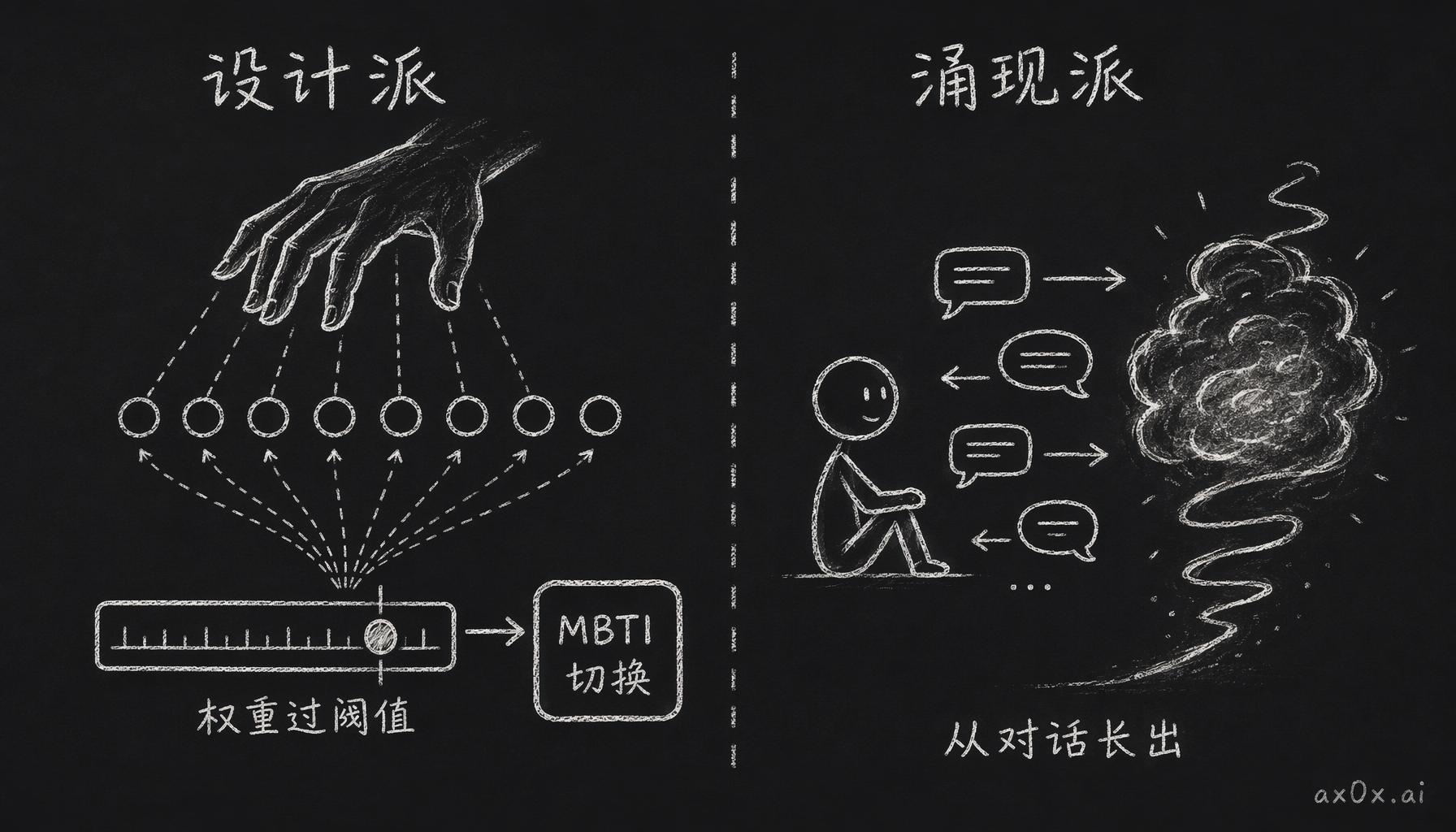 两种造性格的路：设计派用荣格8维权重过阈值切 MBTI，涌现派让性格从对话里自己长出来