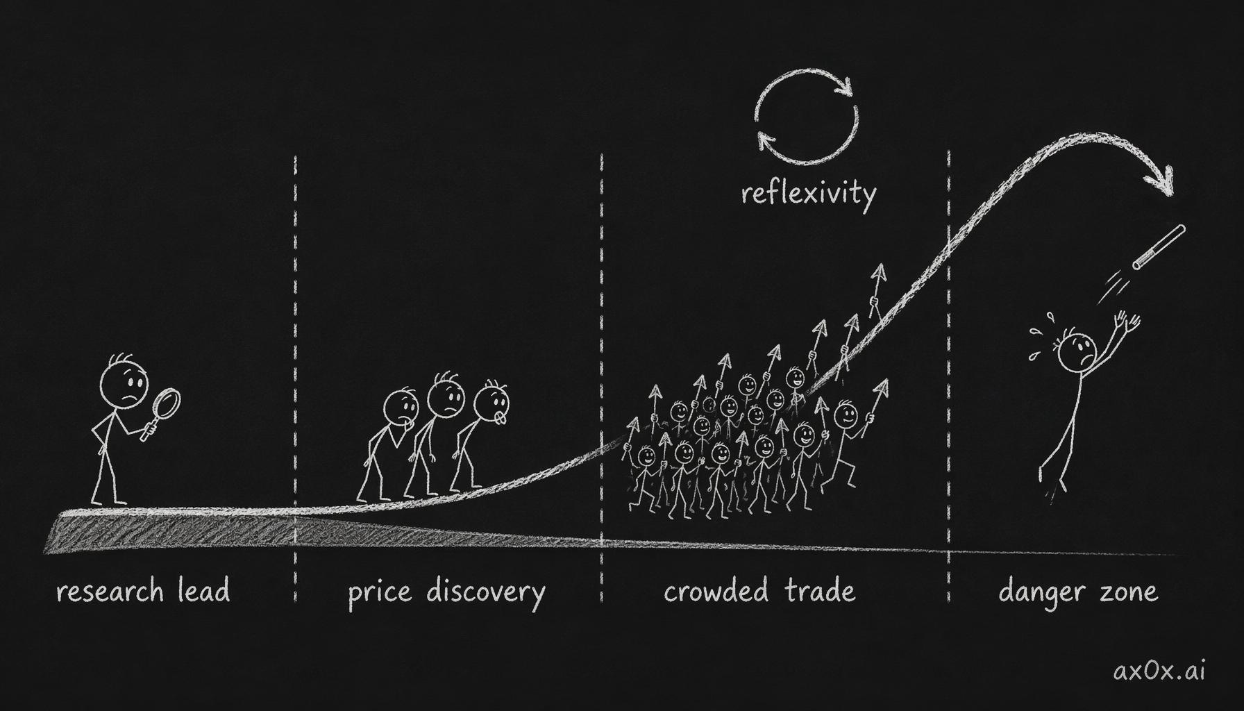 The same thesis passes through four stages as it spreads, decaying from unwatched alpha into a crowded trade — reflexivity turns the rise itself into the reason to buy.