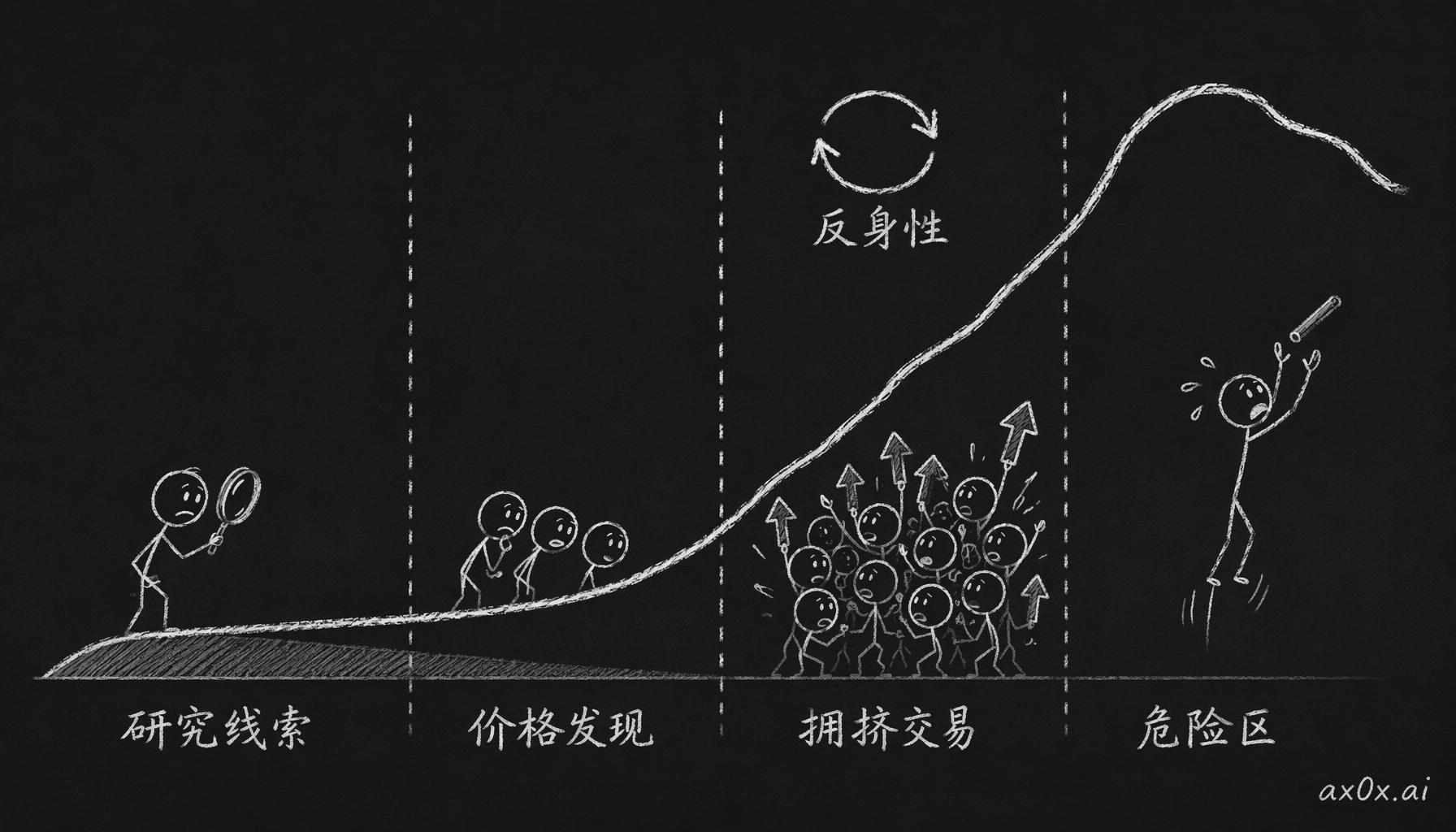 同一个判断在传播中经过四个阶段，从无人问津的 alpha 一路衰减成拥挤交易——反身性把上涨本身变成了买入的理由。