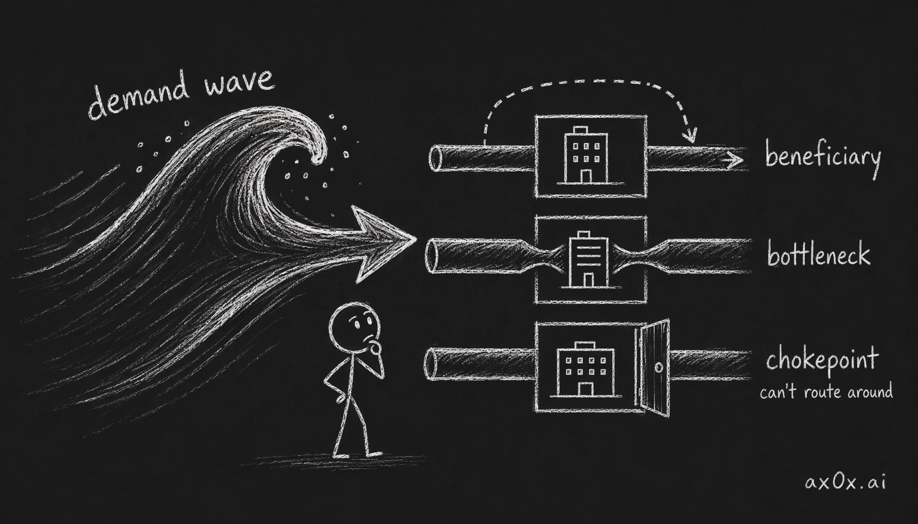 A demand wave hits the supply chain and sorts candidate companies into beneficiary, bottleneck, and chokepoint — the ones the system can route around are just free-riders; the unavoidable link is the real opportunity.