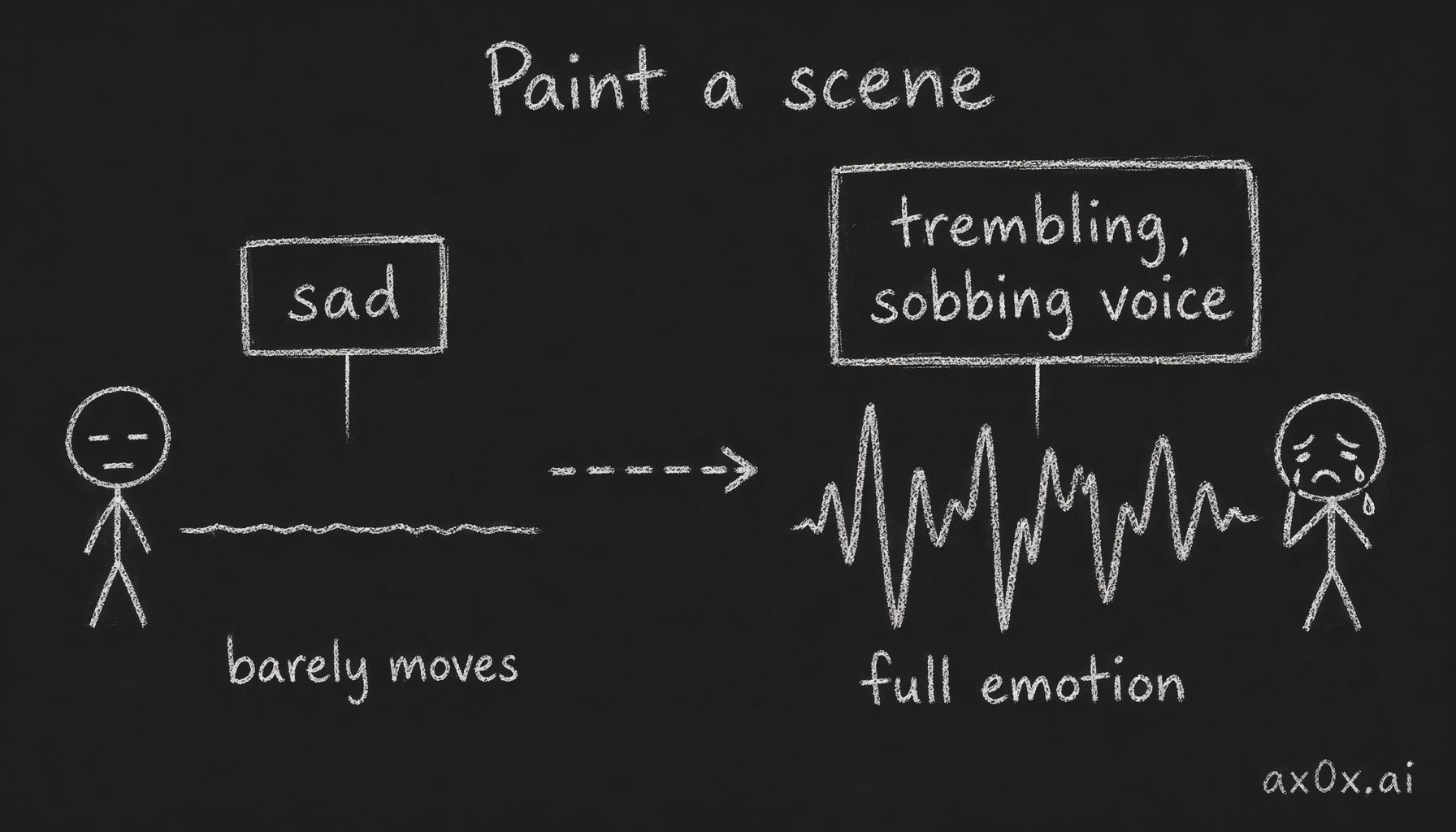 Rewriting the hint from the bare label "sad" to a scene description "trembling, sobbing voice" jumps the model's emotion from barely-moving to full emotion.