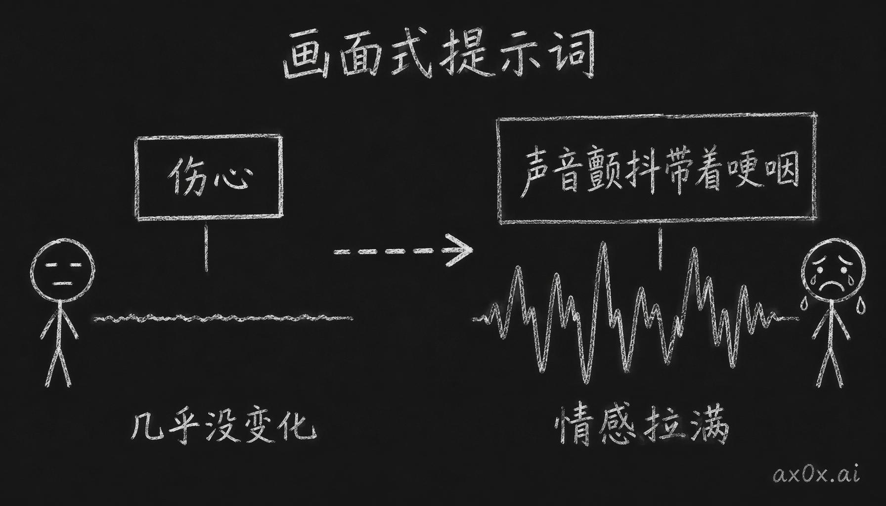 把提示词从「伤心」这个标签改写成「声音颤抖带着哽咽」的画面描述，模型的情感表达从几乎没变化跳到情感拉满。