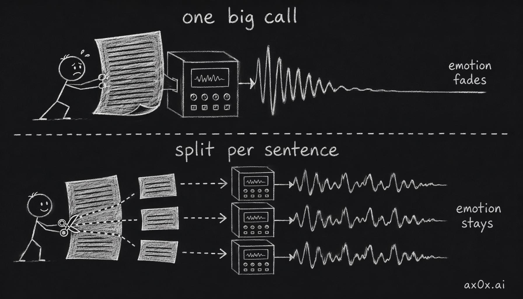 How sending a whole paragraph in one call lets emotion fade, versus splitting per sentence so each keeps its target emotion