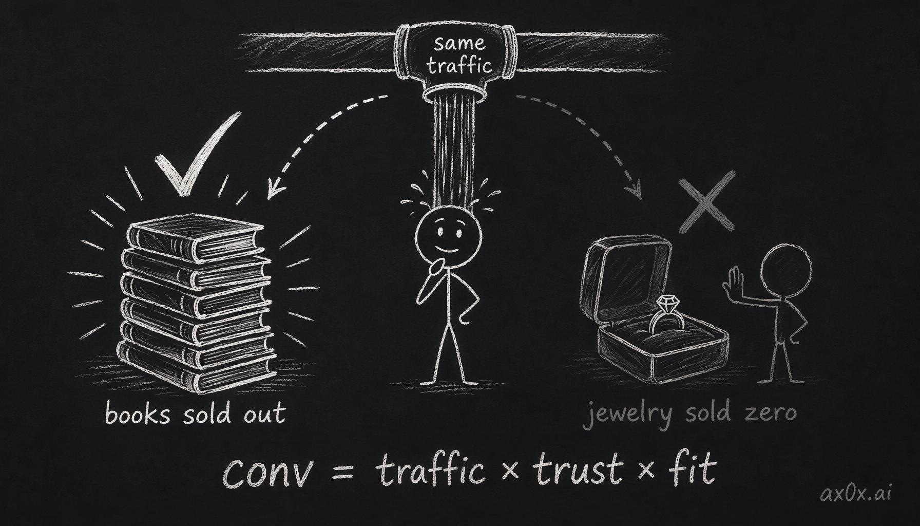 Same traffic, books explode while jewelry sells zero — traffic is not universal purchasing power; conversion equals traffic times trust times category fit