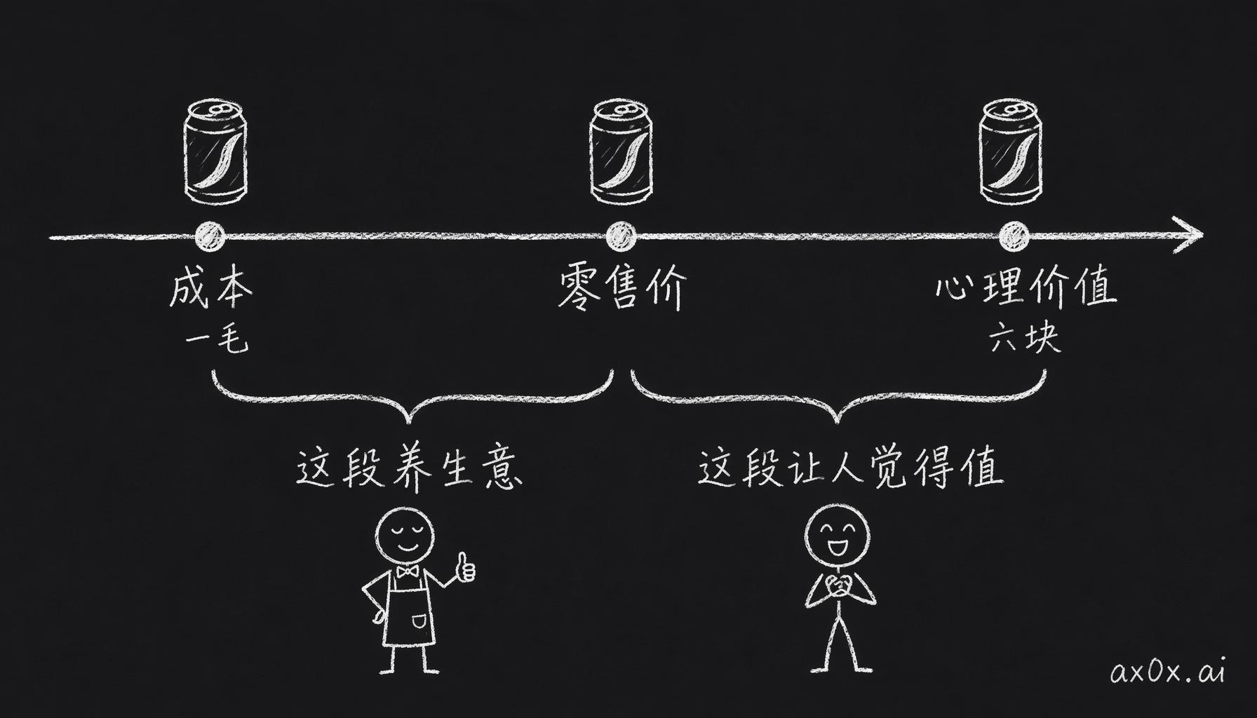 把价格拆成成本、零售价、心理价值三个点，两段剩余分给两拨人——零售减成本养得起生意，心理价值减零售让顾客觉得值