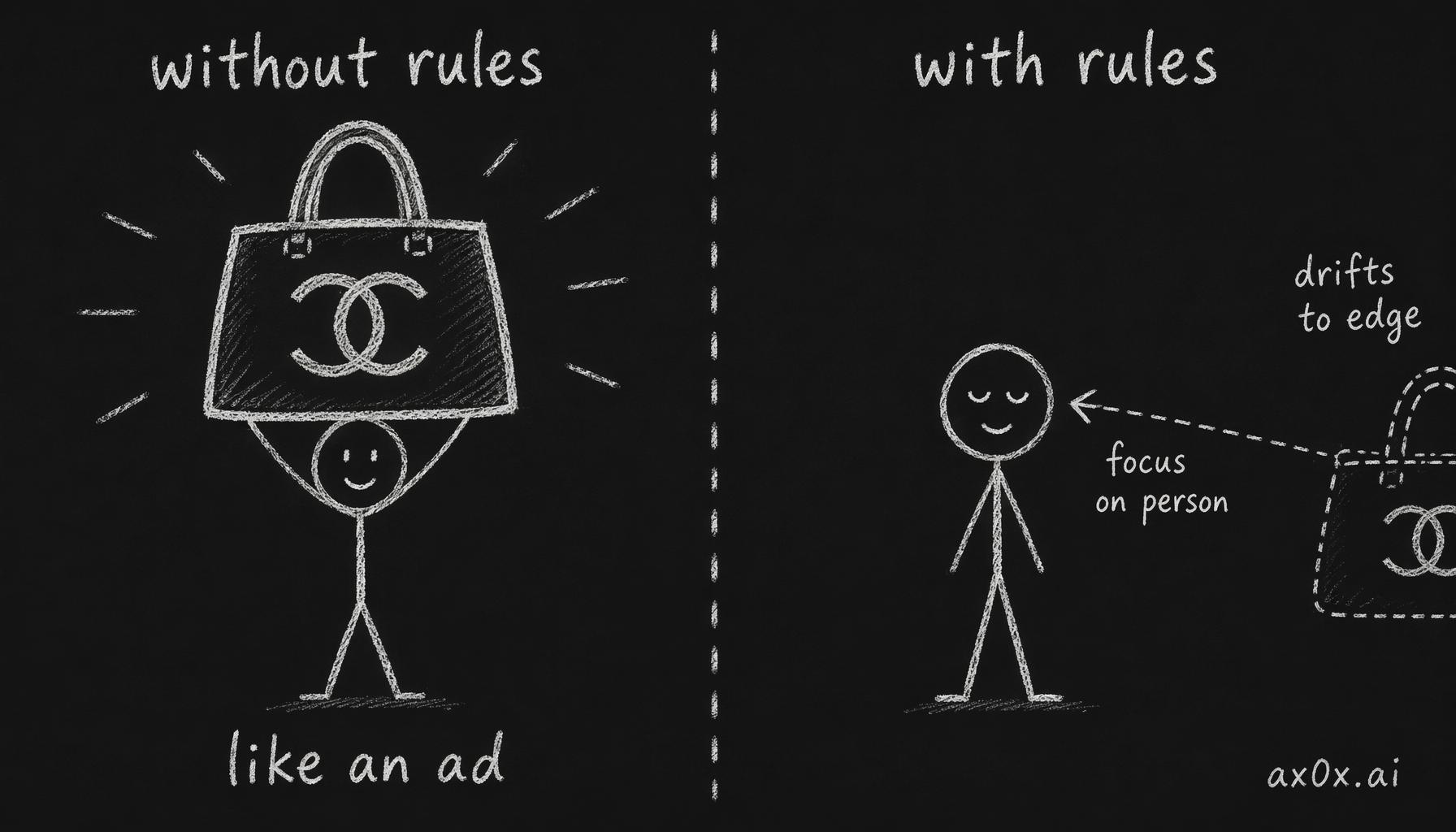 With the vanity rules, luxury items drift from the centered ad position to the frame's edge, putting the person back as the subject.