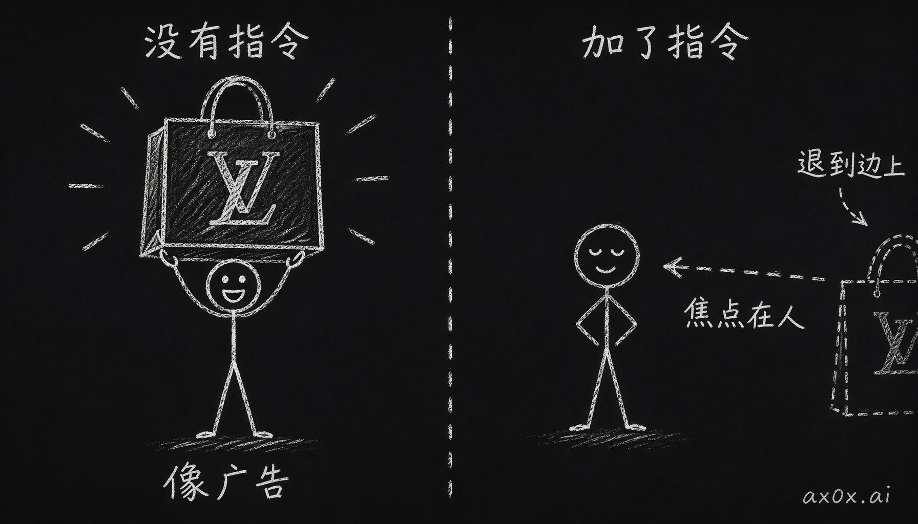 加了 VANITY 指令后，奢侈品从居中的广告位退到画面边缘，焦点重新落回人身上。