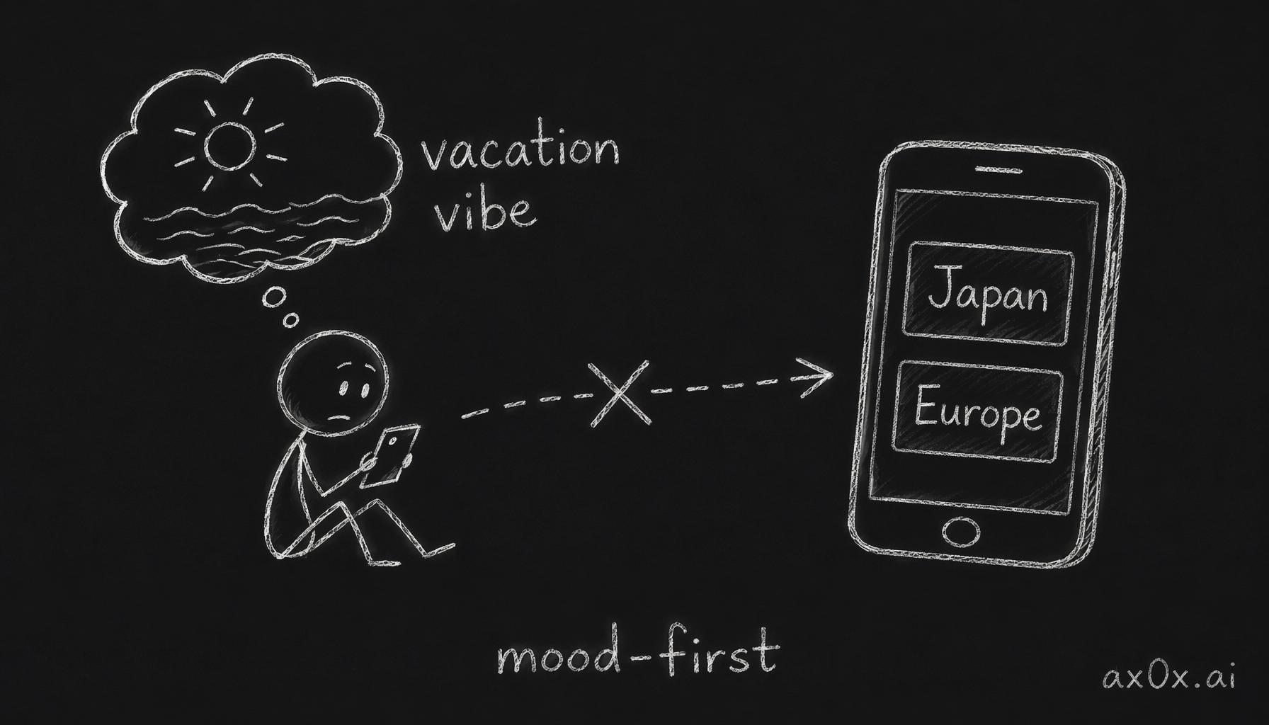 Users browse for a feeling, not a location, so geography-first tabs mismatch the user's mental model