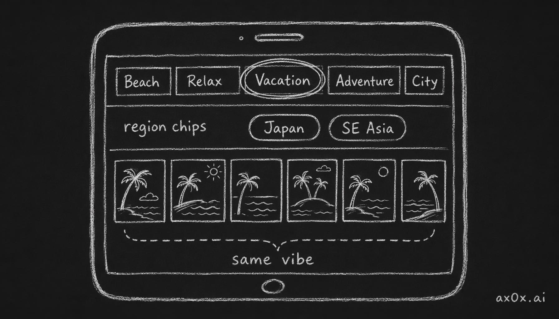 A primary vibe-tab axis plus a secondary optional region-chip filter keeps same-vibe cards together, then narrows by region