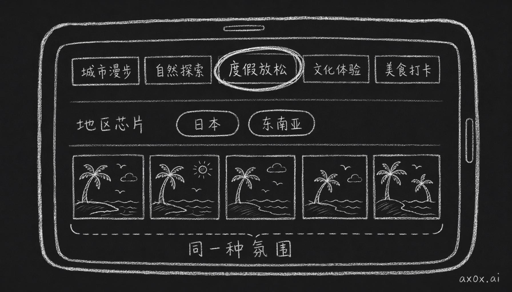 主轴是氛围标签、副轴是可叠加的地区芯片，同一种氛围的卡聚在一起再按地区收窄