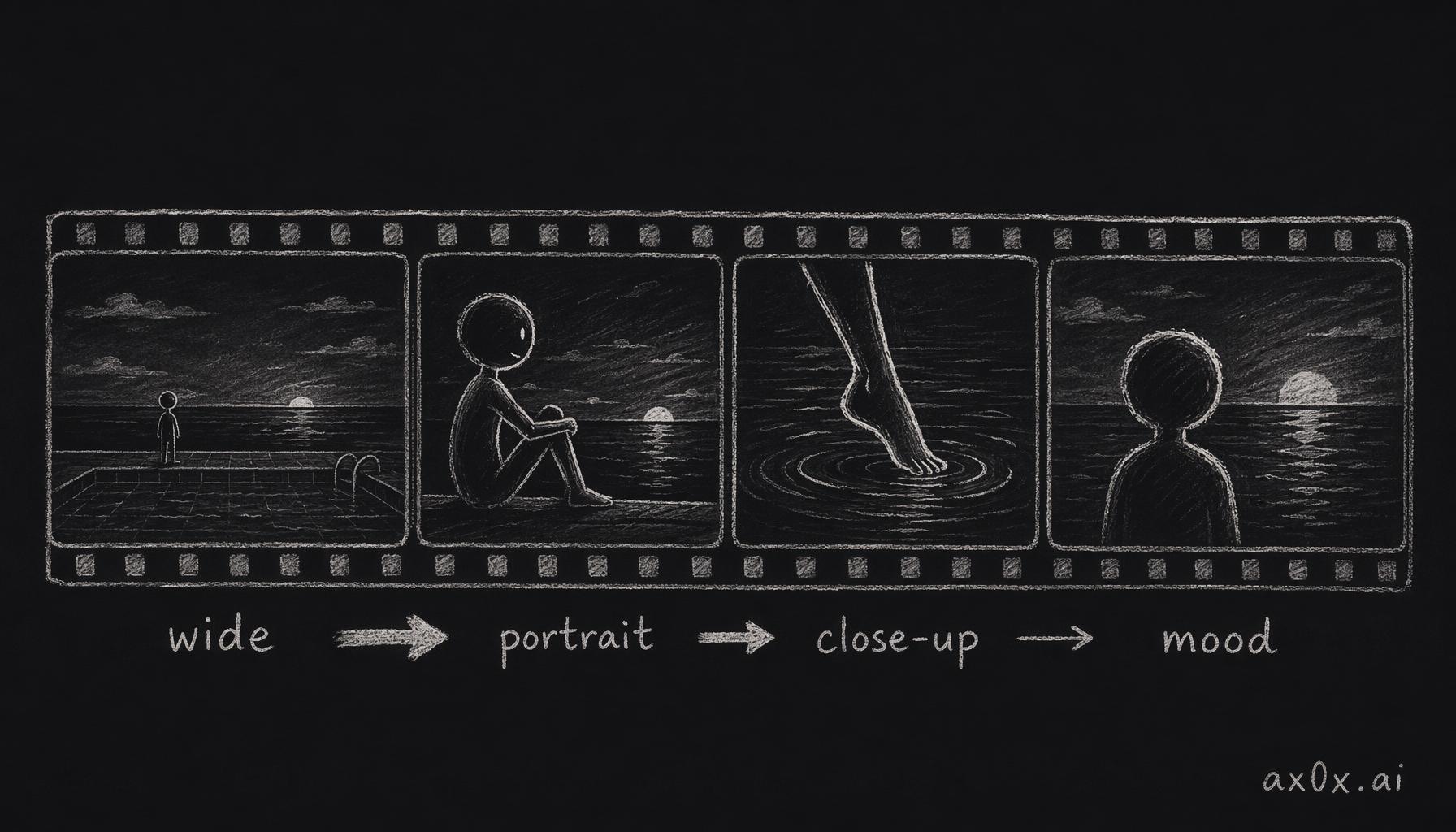 The 4-shot narrative: a photo set follows a cinematic progression — establishing wide, portrait, detail close-up, mood closer — encoding Xiaohongshu's swipe rhythm into the pose sequence.