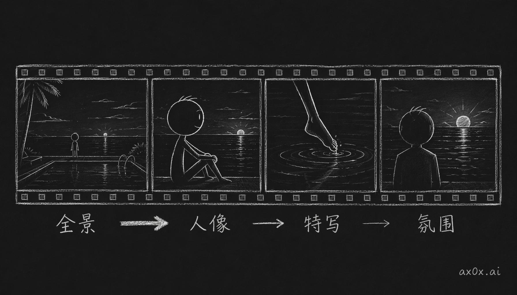四镜叙事：一组照片按电影式递进——全景建立、人像、细节特写、氛围收尾，把小红书刷组图的阅读节奏直接编码进 pose 序列。
