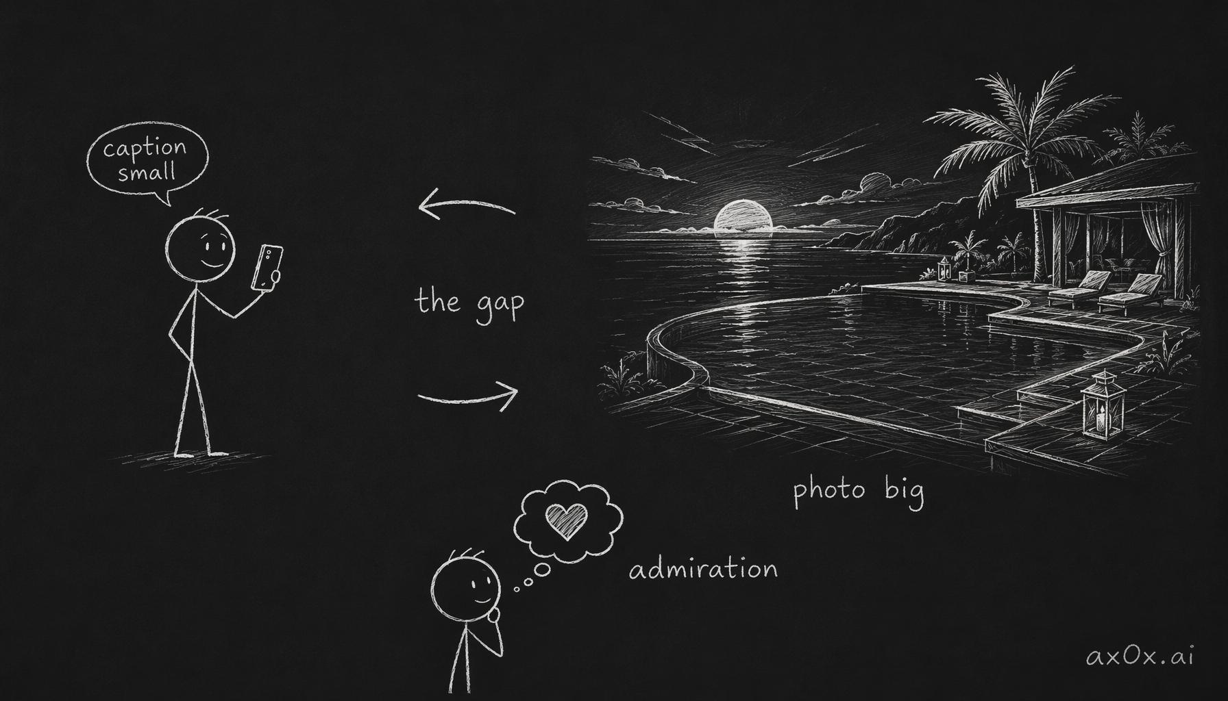 The mismatch principle: the caption deliberately says small while the photo shows big, and the reader fills the gap in between with admiration.