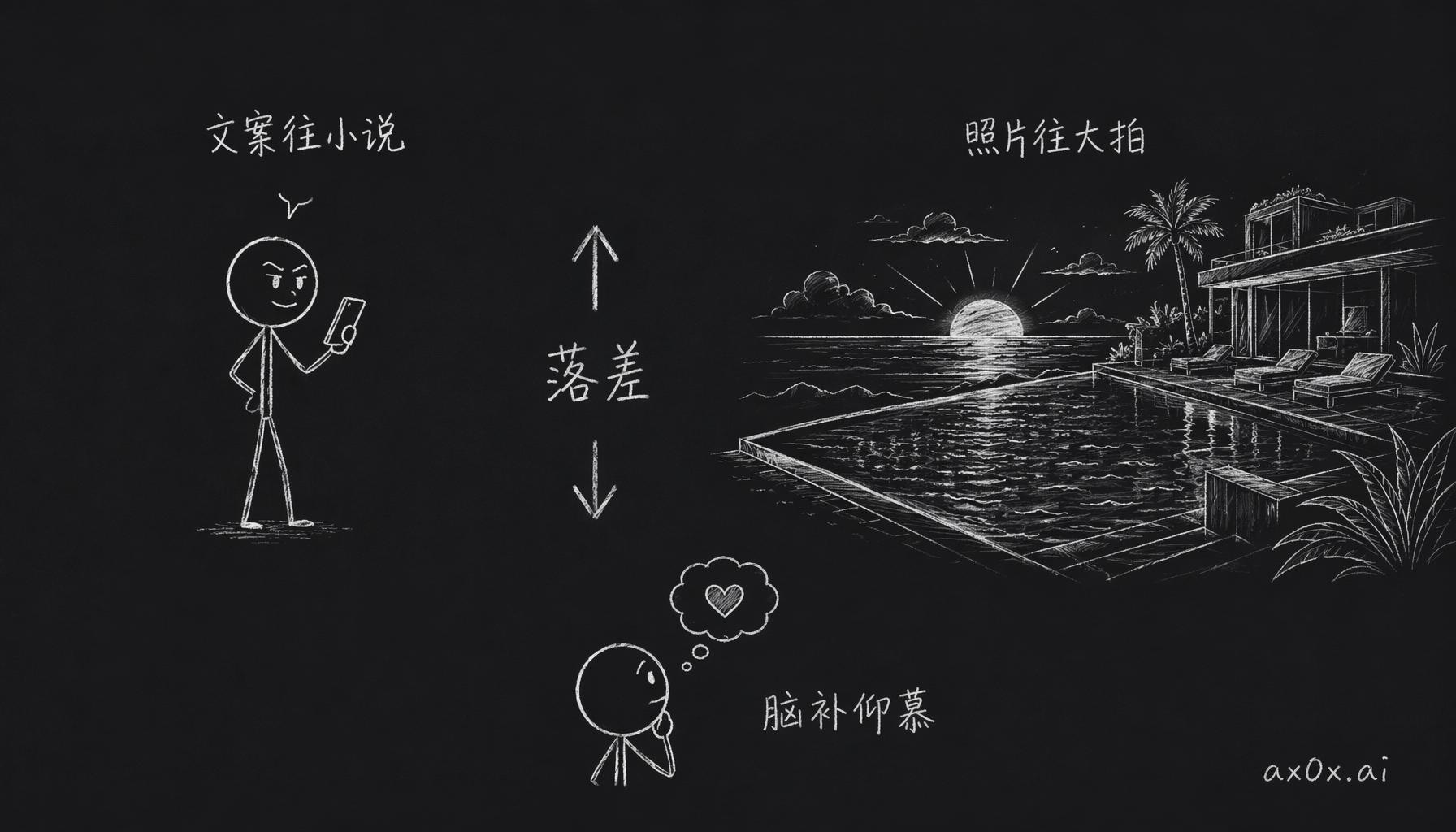 反差凡尔赛：文案故意往小了说、照片往大了拍，中间的落差留给读者，读者自己补出那份仰慕。