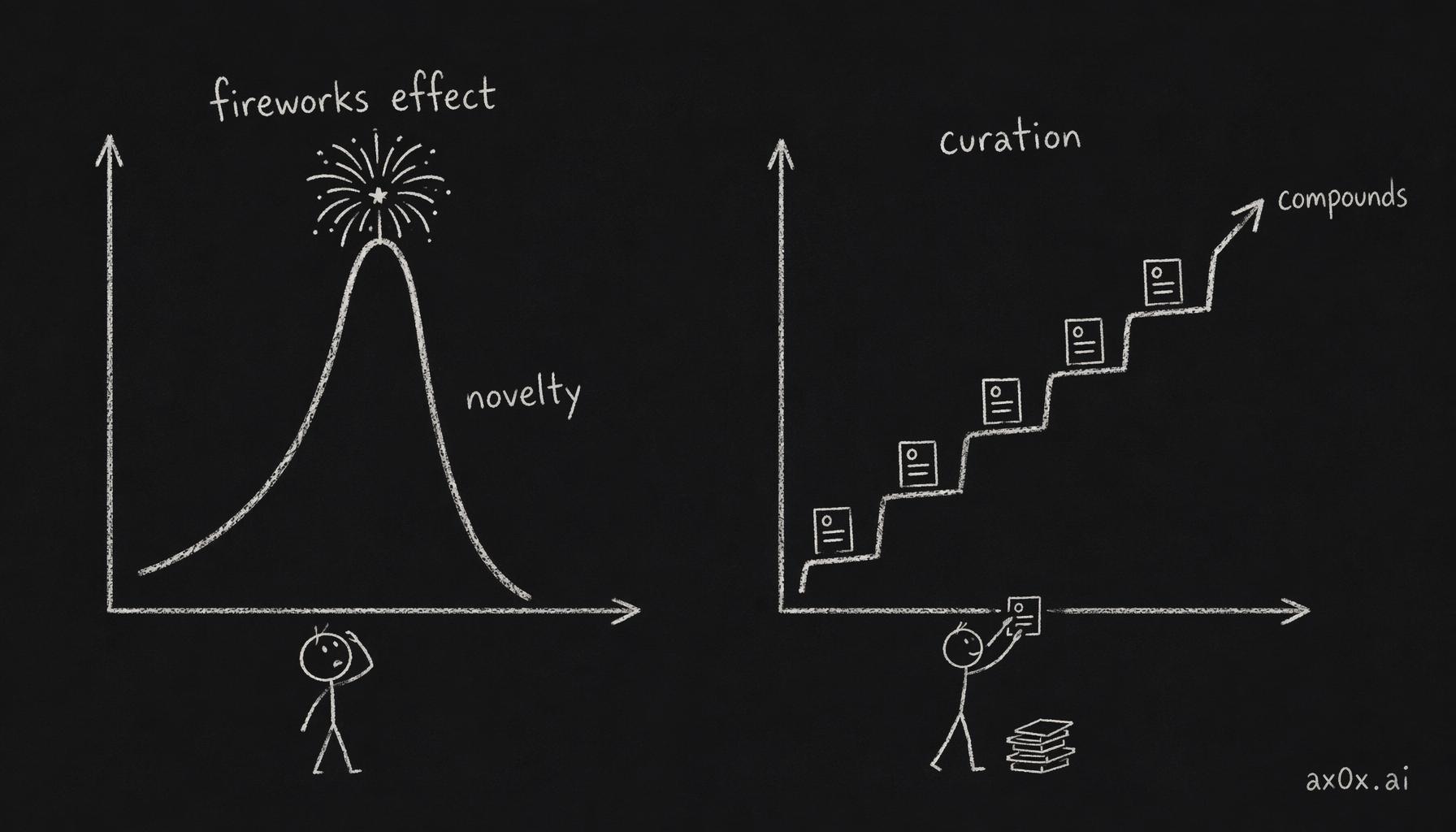 Fireworks effect vs curation: novelty spikes and decays, curation compounds