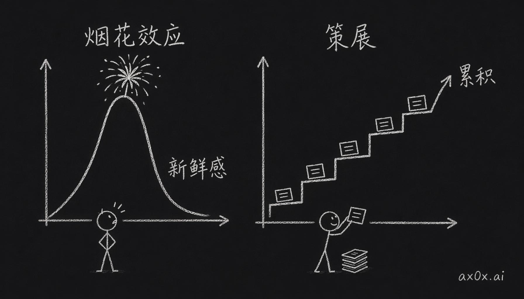 烟花效应 vs 策展：新鲜感冲高衰减，策展阶梯累积