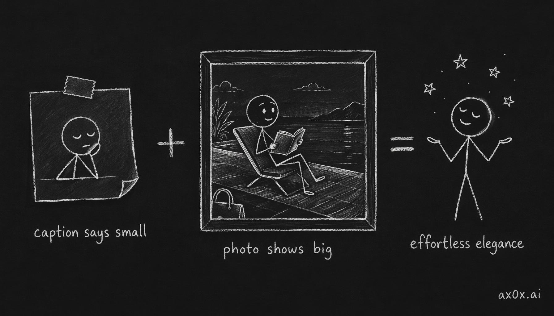 The vanity formula: caption says small + photo shows big = effortless elegance