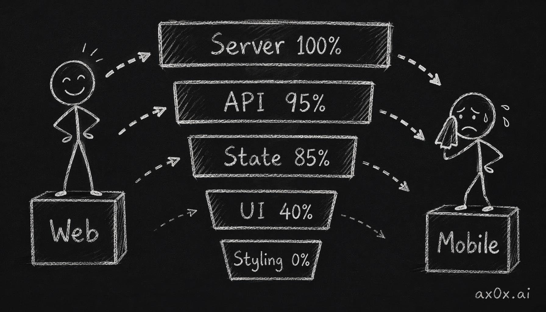 Moving web to mobile, code reuse drops layer by layer: server logic transfers almost entirely, while UI and styling approach a full rewrite