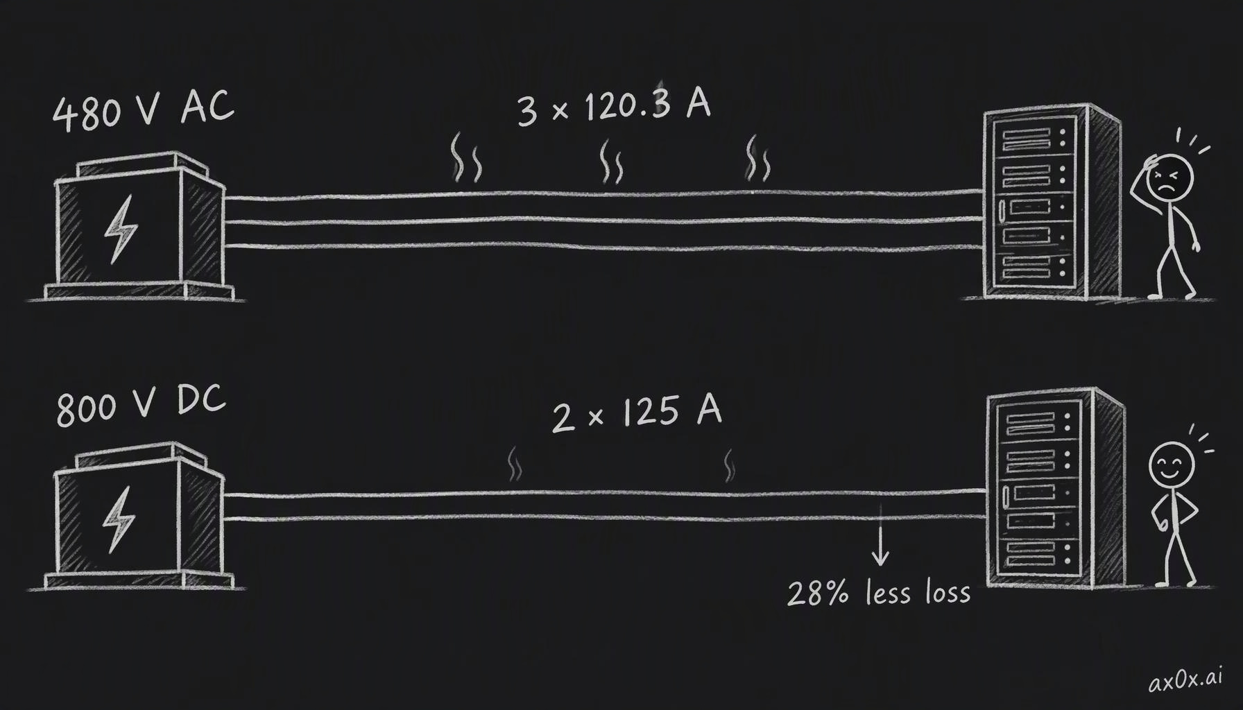 Delivering 100 kW: 480 V three-phase AC needs about 120.3 A on each of three conductors, 800 V DC needs 125 A on each of two, and the DC run loses roughly 28% less to resistance
