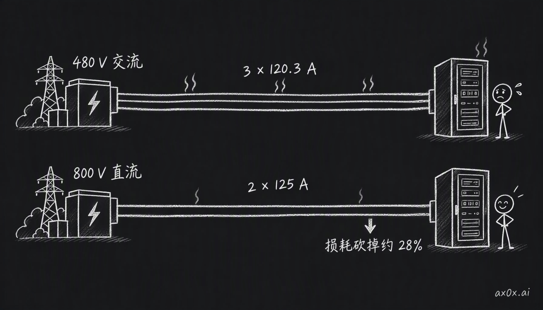 送 100 kW：480 V 三相交流电三根火线每根约 120.3 A，800 V 直流两根导线每根 125 A，直流的线路损耗砍掉约 28%