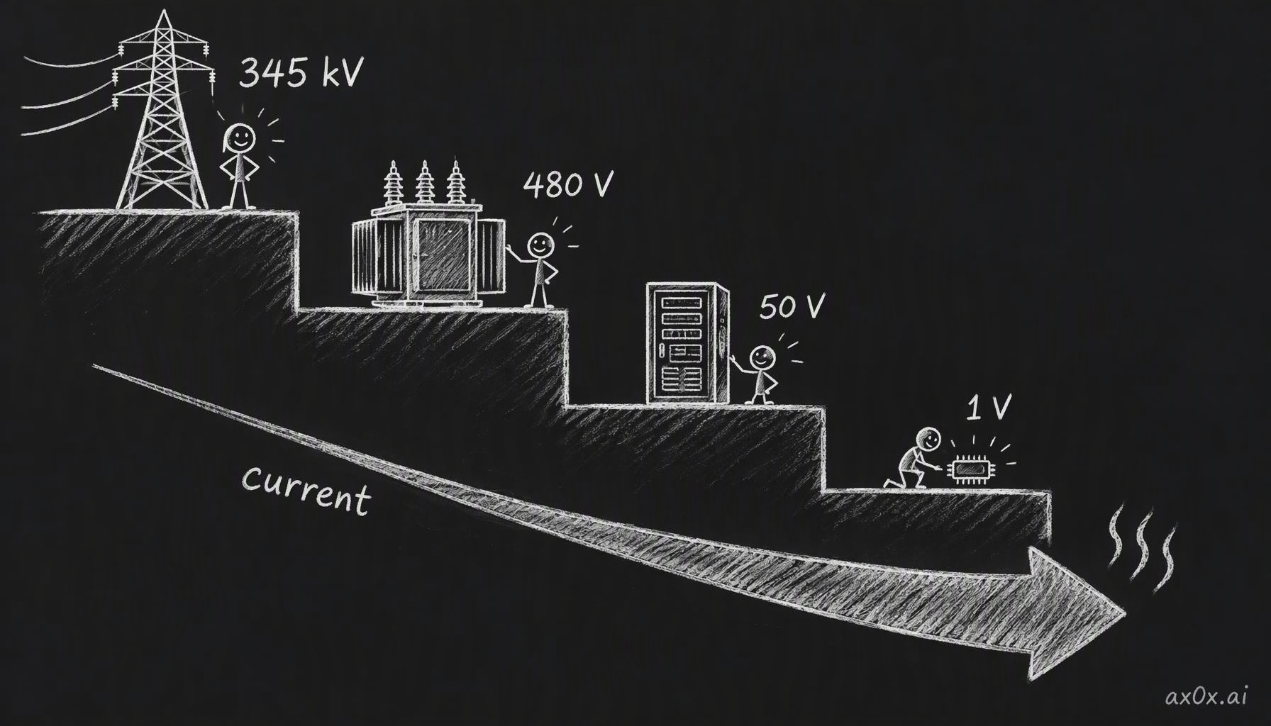 The voltage staircase: power arrives at 345 kV and reaches the chip at about 1 V; each step down raises the current, and resistive heat grows with its square