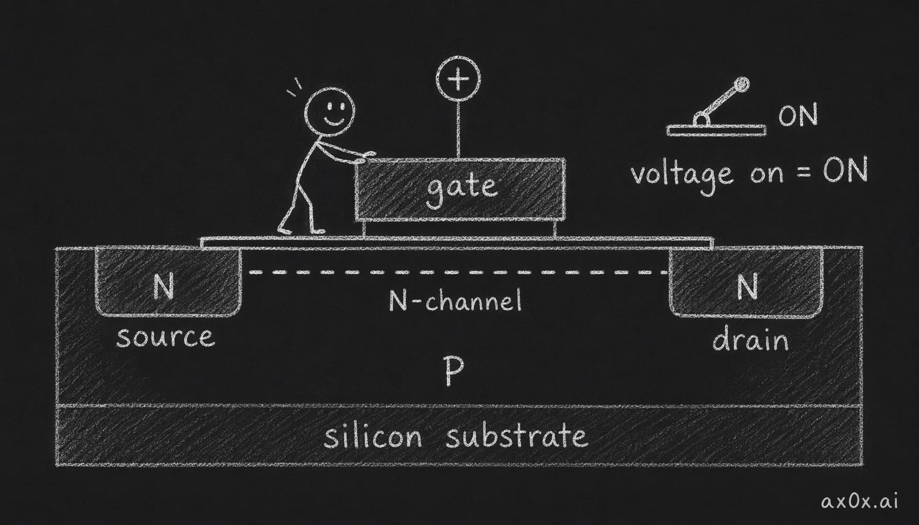 A positive voltage on the MOSFET gate forces an N-channel that connects source and drain; drop the voltage and it opens — a controllable switch.