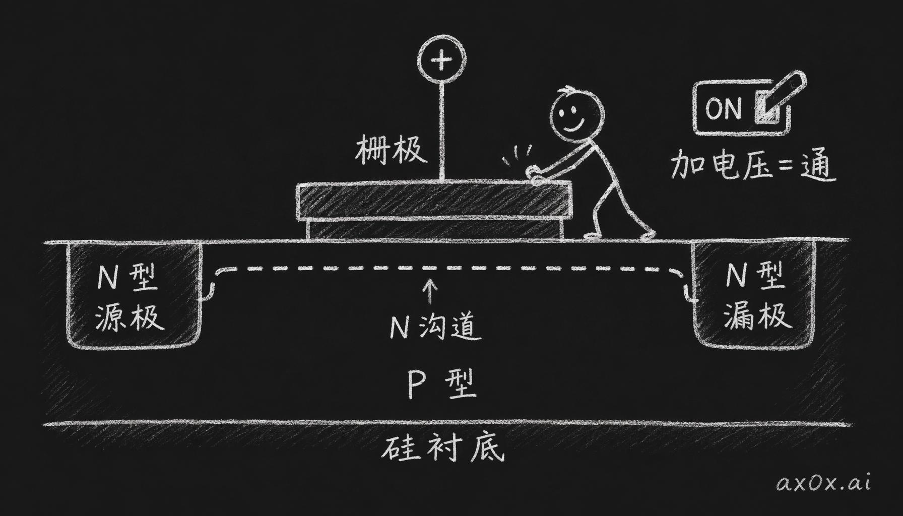 给 MOSFET 栅极加正电压，会在中间挤出一条 N 沟道把源极和漏极接通，撤掉电压沟道消失——一个可控开关。