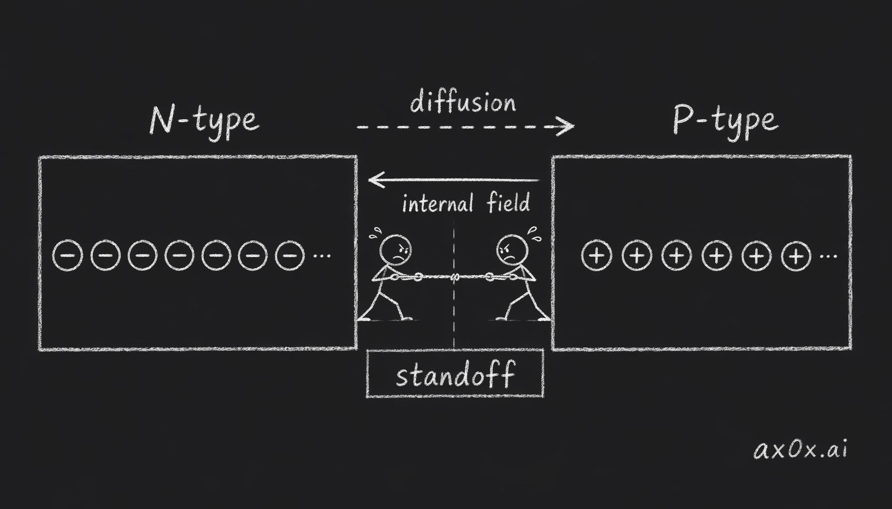 Electrons diffuse from N-type to P-type, and the resulting internal field pulls them back — push and pull settle into the PN junction's standoff.
