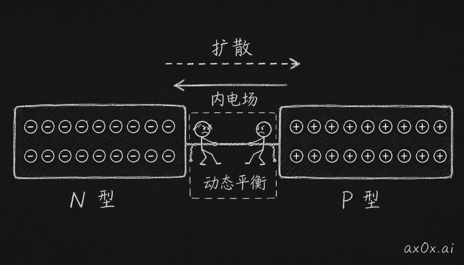 N 型的电子向 P 型扩散，流失又拉出反向内电场把电子拽回，一推一拉僵持成 PN 结的动态平衡。