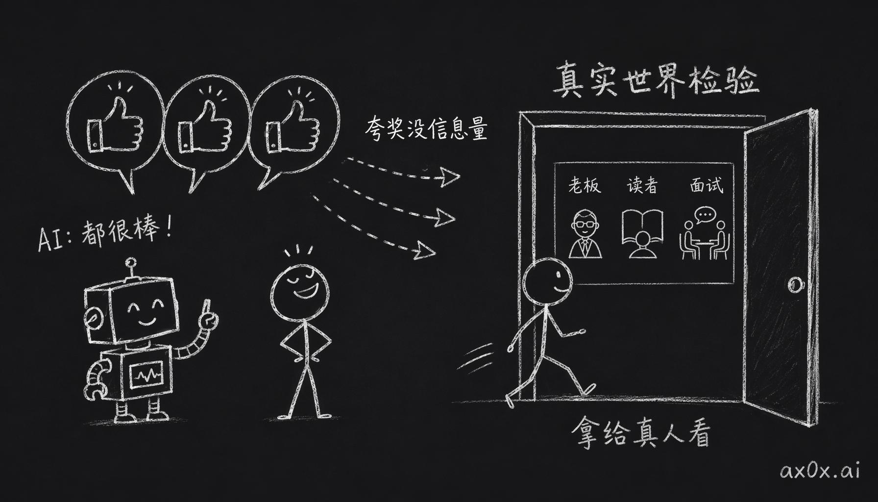 AI 永远夸你所以夸奖没有信息量，真正的检验只能拿到真实世界里去做