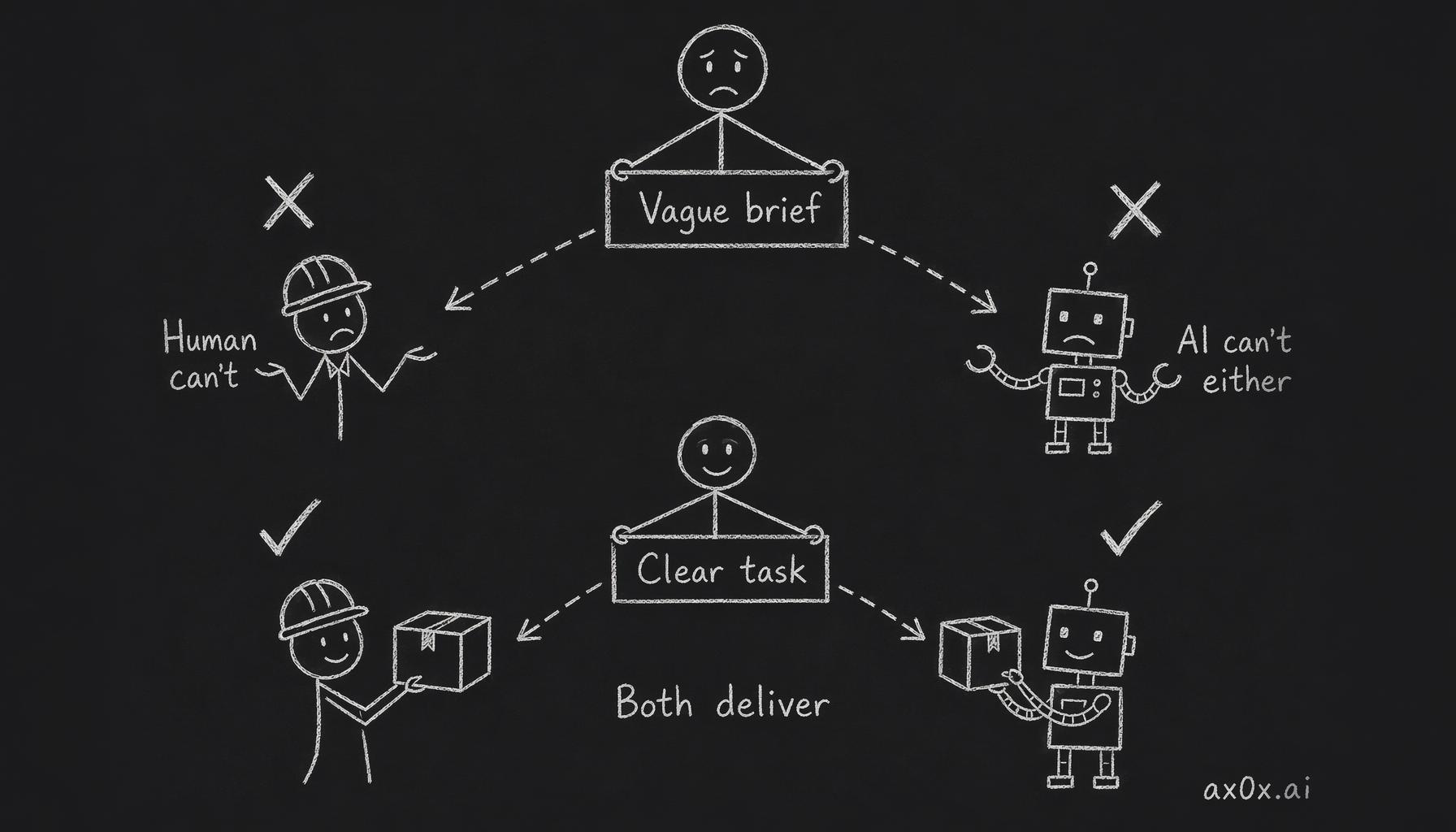 The same brief to a human and to AI yields the same result: a vague brief fails both, a clear task delivers for both