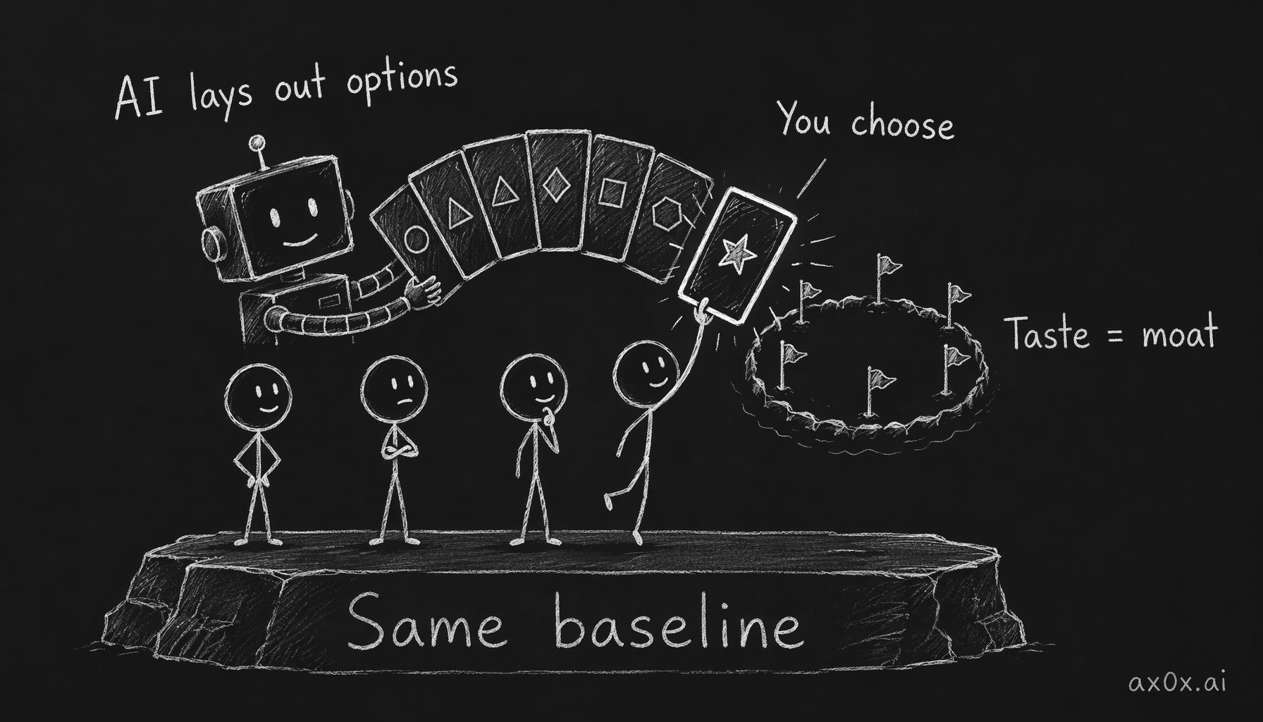 Everyone shares the same model baseline and AI lays out many options; the real edge is that only you can pick the right one — taste is the moat