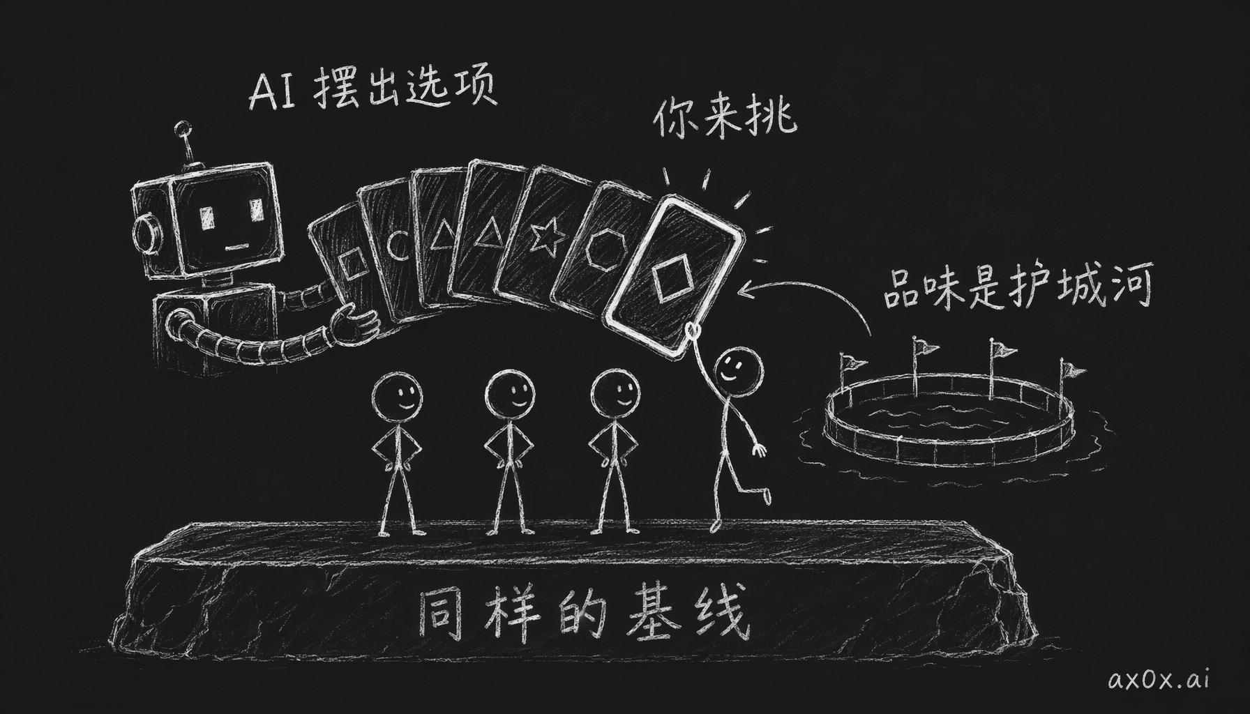 人人用同样的模型基线，AI 摆出一堆选项，真正的差距在于只有你能挑出最对的那个——品味就是护城河