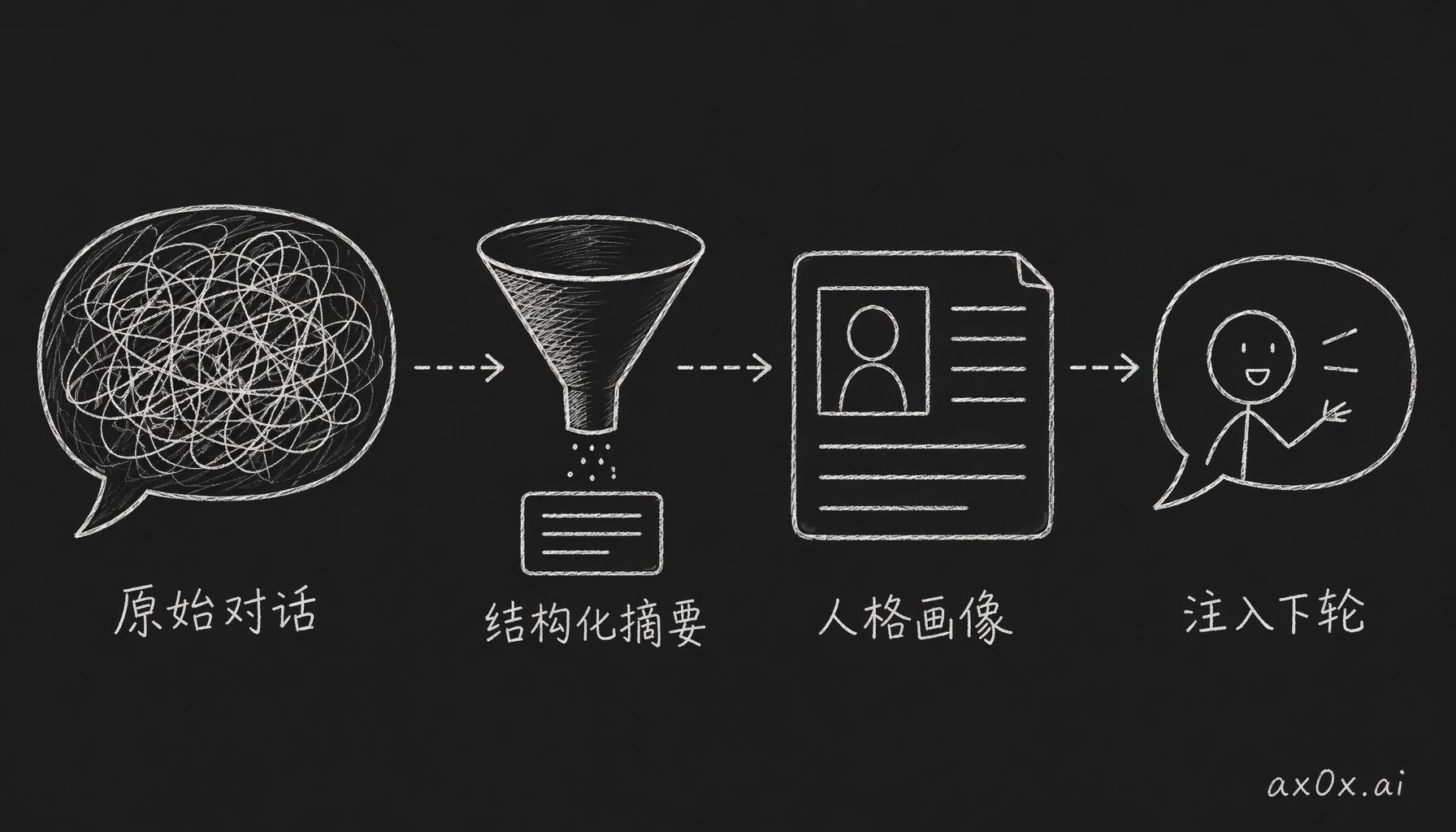 嘈杂的原始对话先压缩成结构化摘要、再合并进中心化人格画像、最后注入下一轮对话，两层结构解决细节全但太贵、纯摘要又丢质感的矛盾。