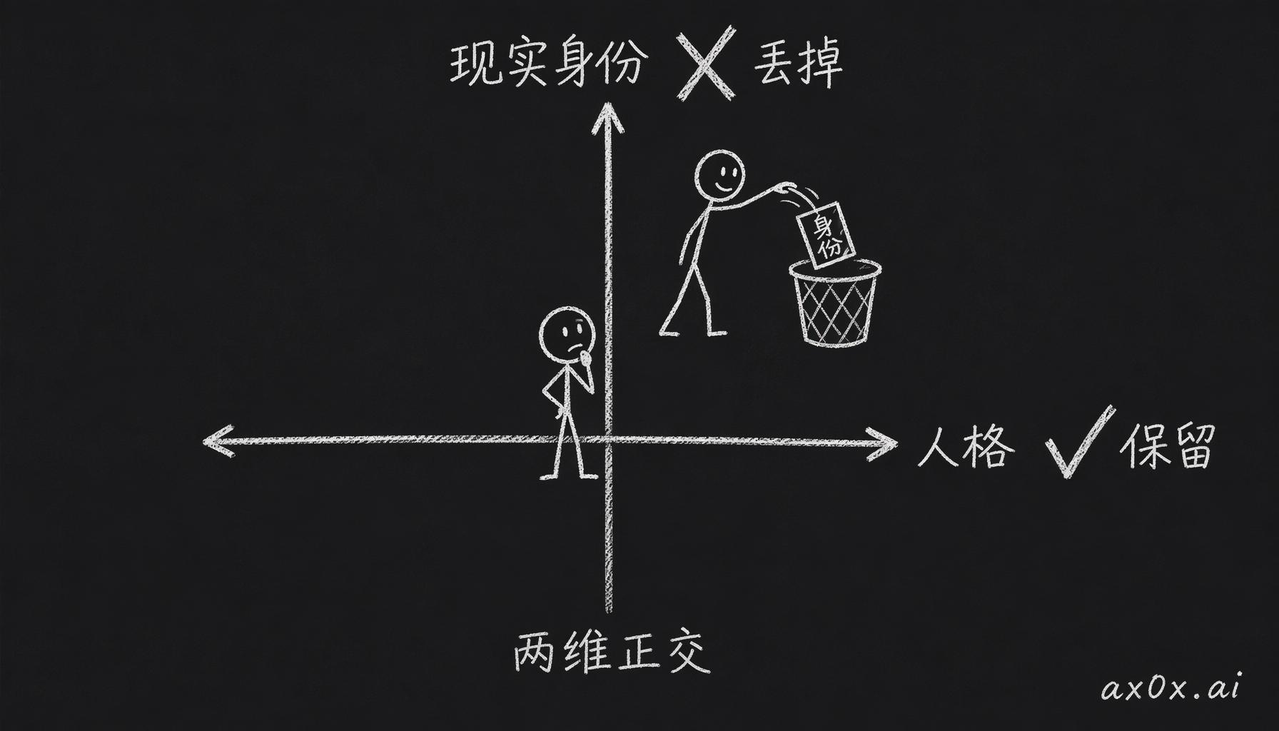 把「要不要人设」这一个决策拆成两个正交维度：人格保留、现实身份丢掉