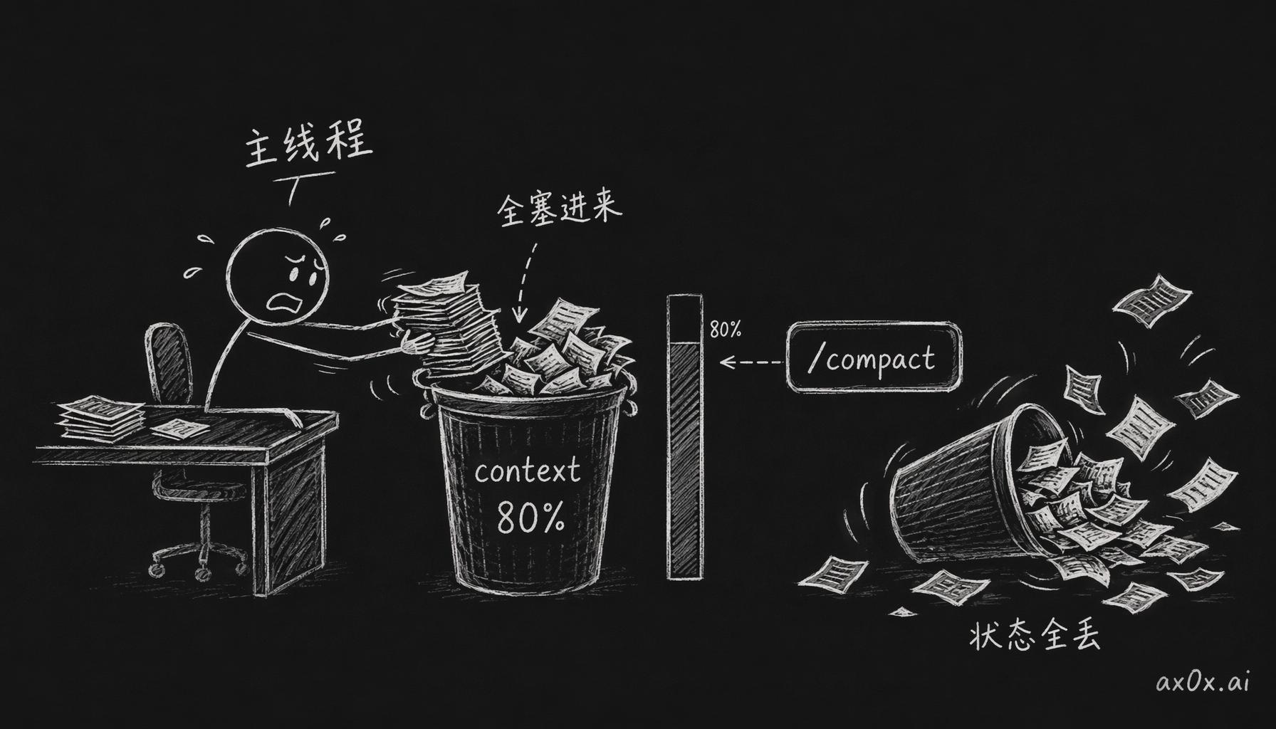 主线程单干时把读过的文件、测试输出、评注全吞进 context，到 80% 被迫 /compact，攒下的状态一起丢掉