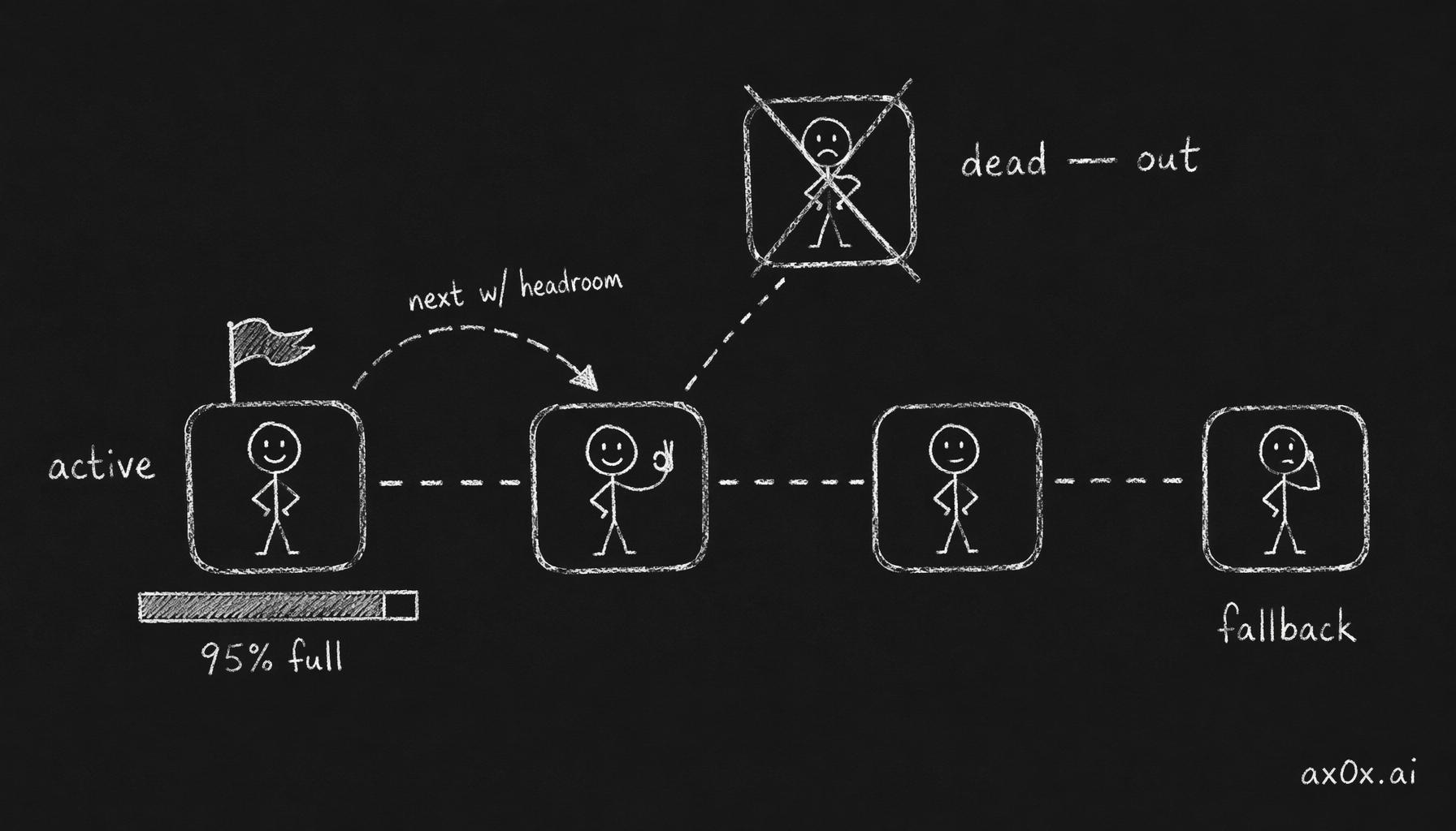Accounts form a fallback chain; before the active one hits 95%, the daemon rotates to the next account with headroom and isolates dead logins out of the chain.